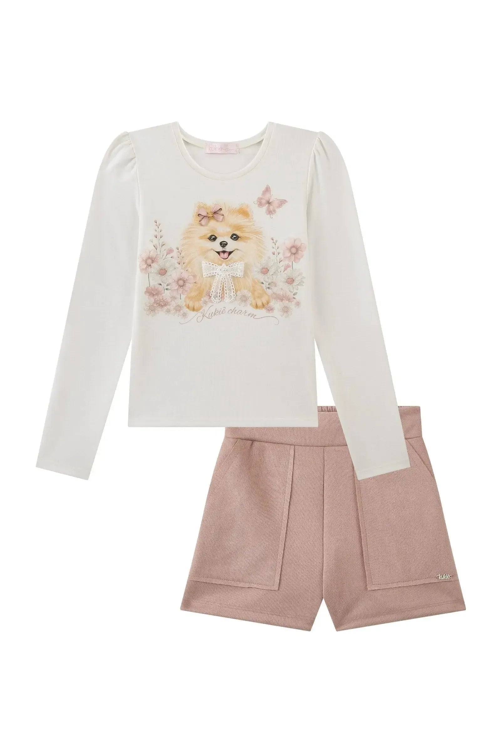 Conjunto de Blusa em Malha Power e Shorts em Malha Scuba Suede 91839 Kukiê Infantil Menina