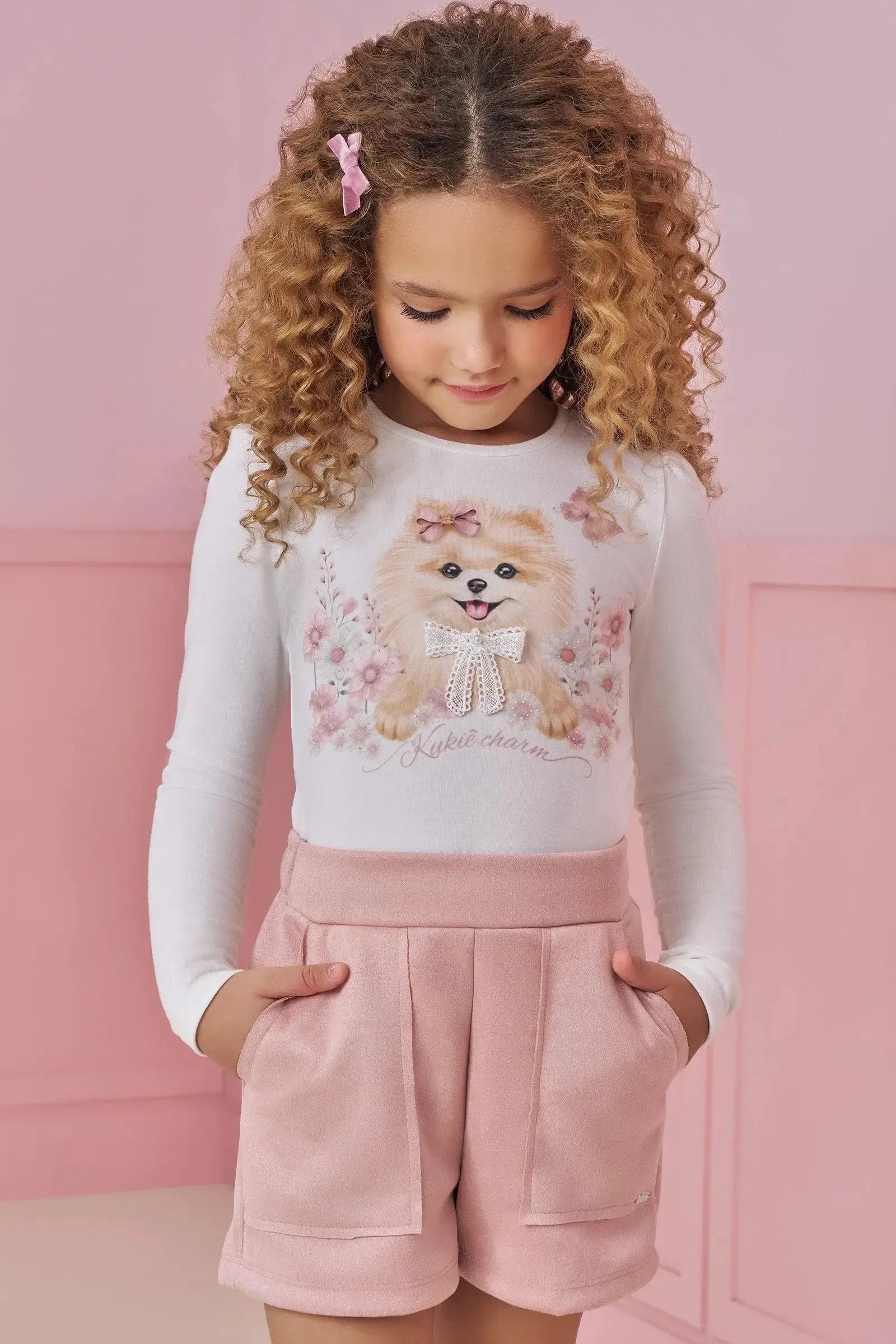 Conjunto de Blusa em Malha Power e Shorts em Malha Scuba Suede 91839 Kukiê Infantil Menina