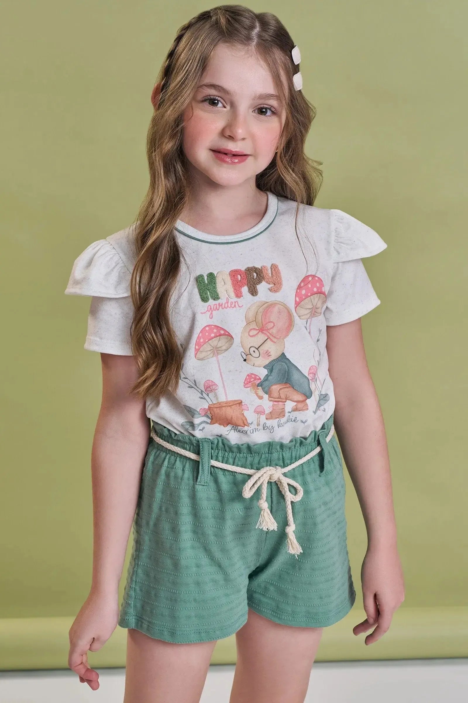 Conjunto de Blusa em Malha Power e Shorts em Meia Malha Textura 93850 Kukiê Infantil Menina