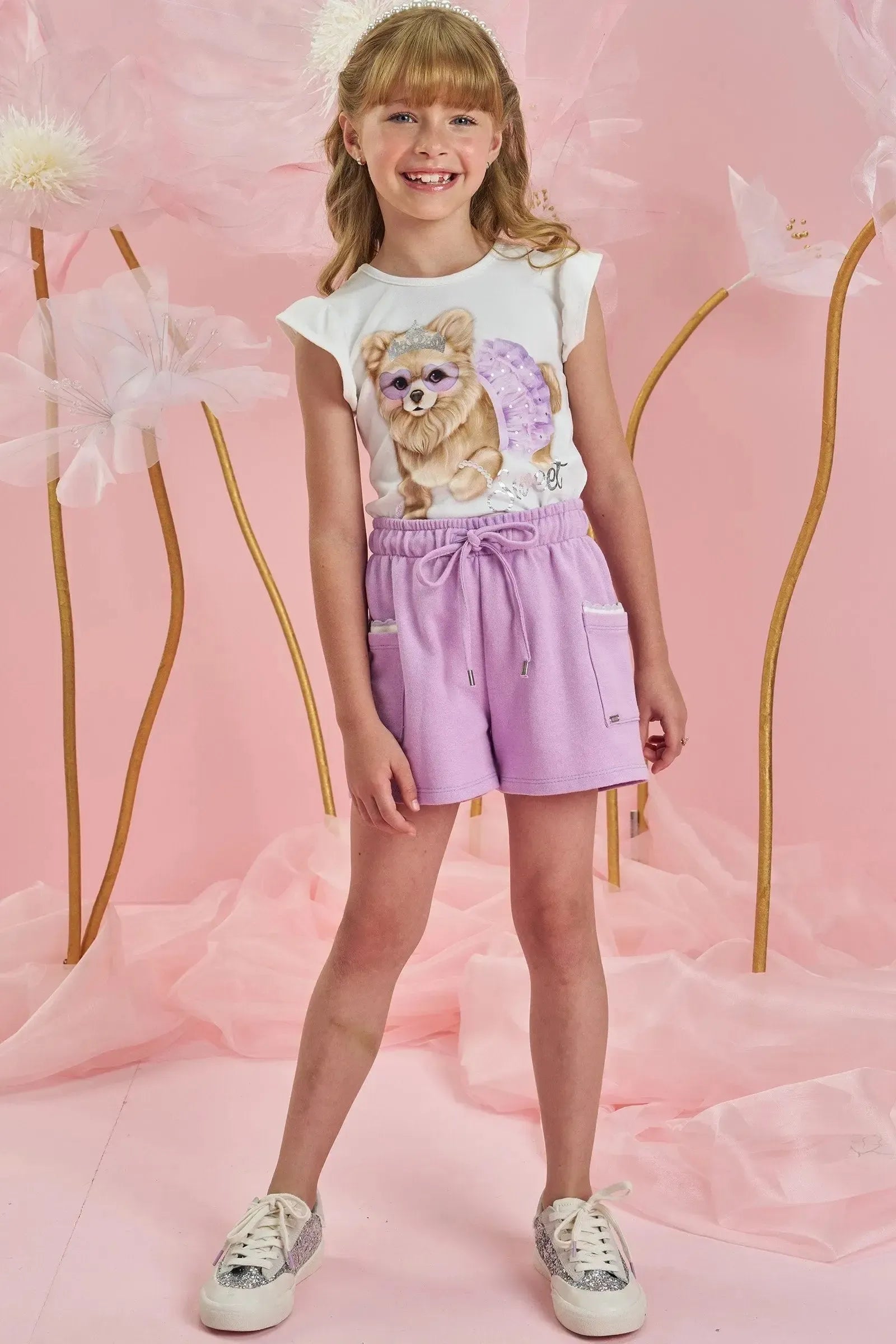 Conjunto de Blusa em Malha Power e Shorts em Moletom sem Pelúcia 84326 Infanti Infantil Menina
