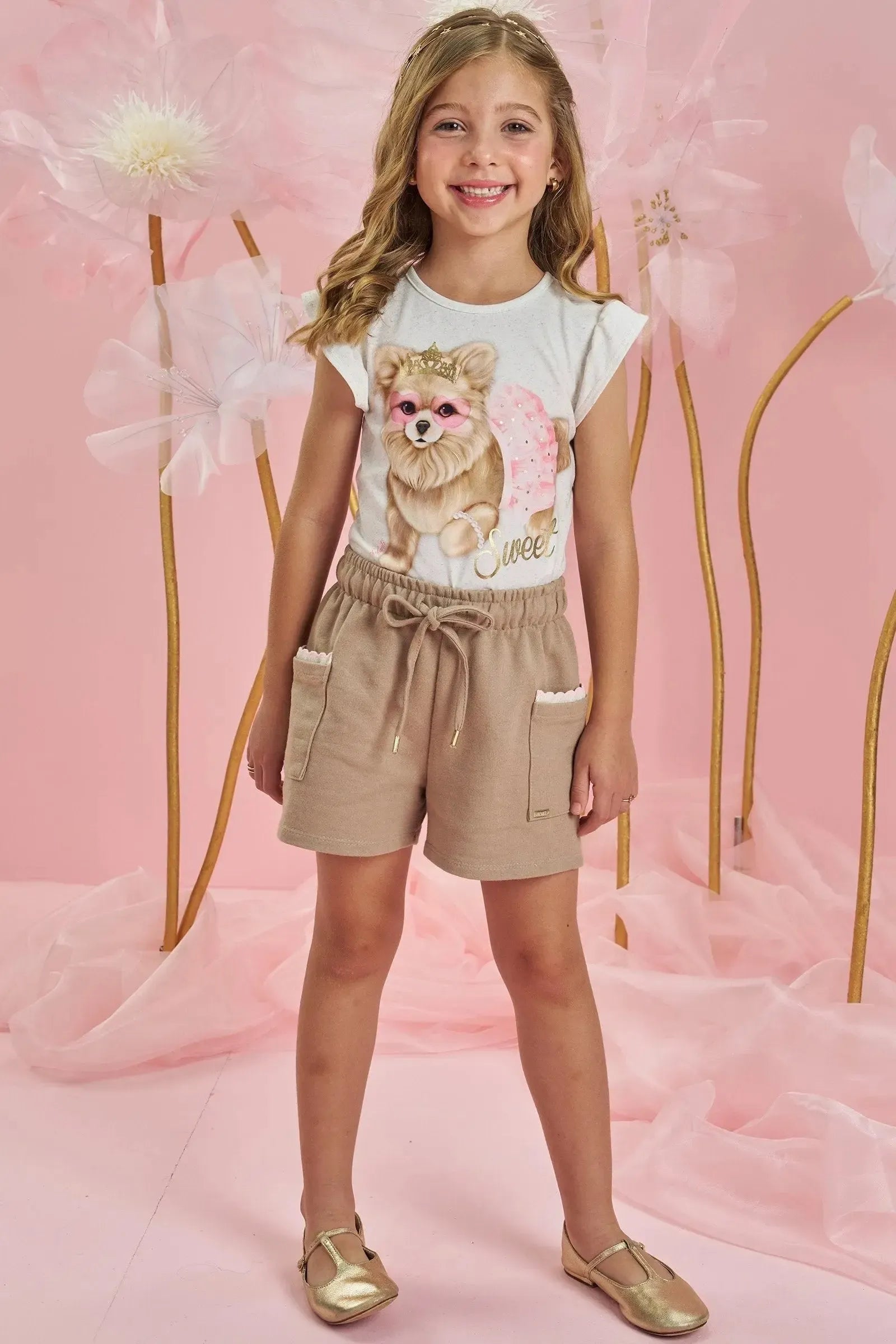 Conjunto de Blusa em Malha Power e Shorts em Moletom sem Pelúcia 84326 Infanti Infantil Menina