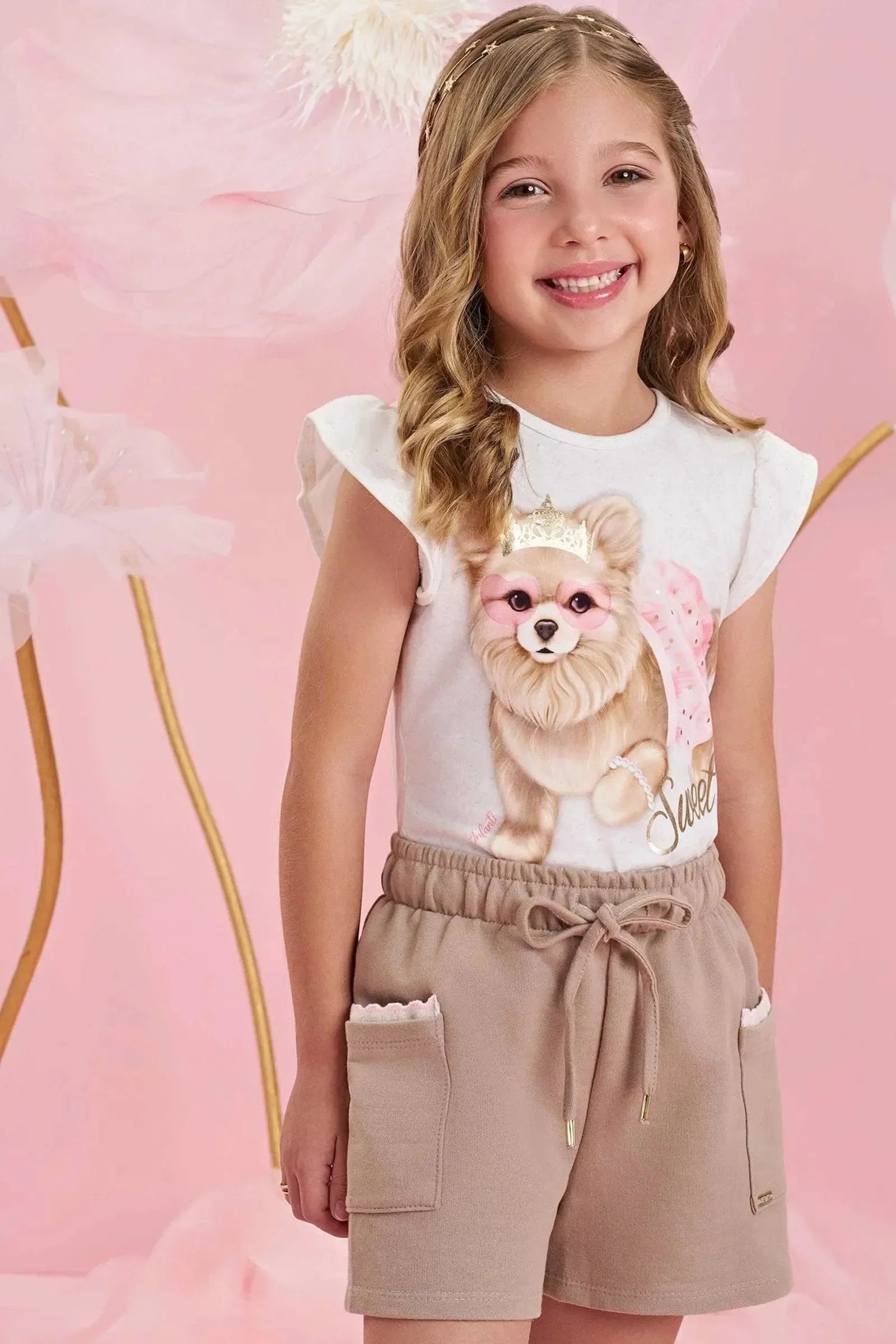 Conjunto de Blusa em Malha Power e Shorts em Moletom sem Pelúcia 84326 Infanti Infantil Menina