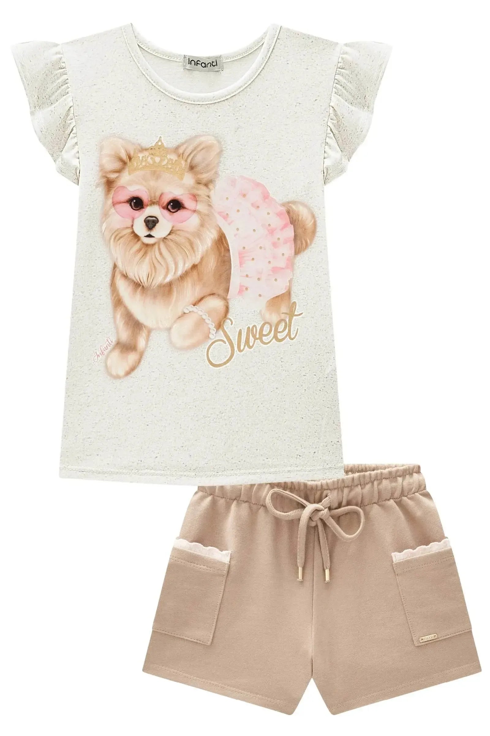 Conjunto de Blusa em Malha Power e Shorts em Moletom sem Pelúcia 84326 Infanti Infantil Menina