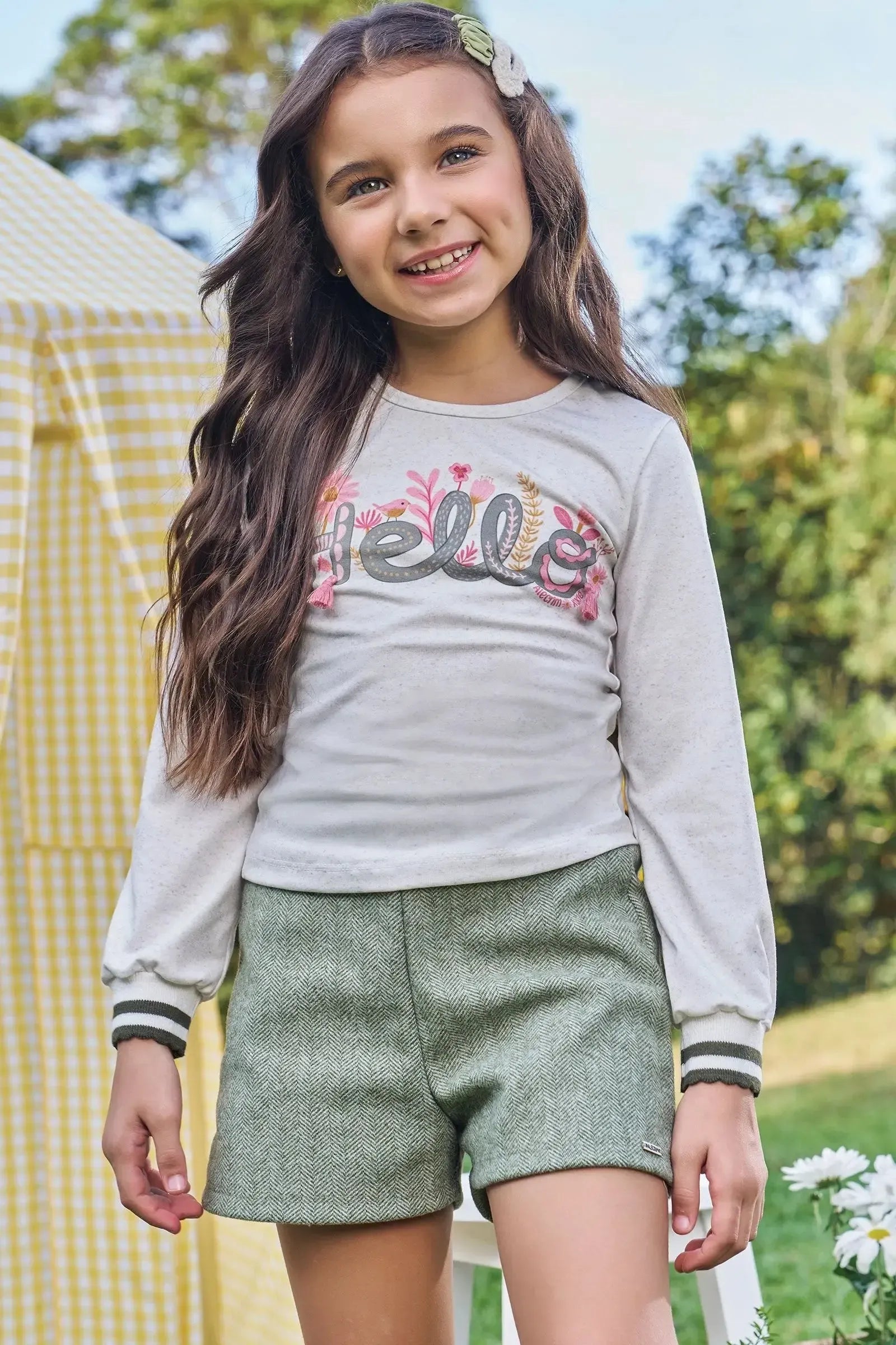 Conjunto de Blusa em Malha Power e Shorts em Tecido Chevron 89578 Kukiê Infantil Menina