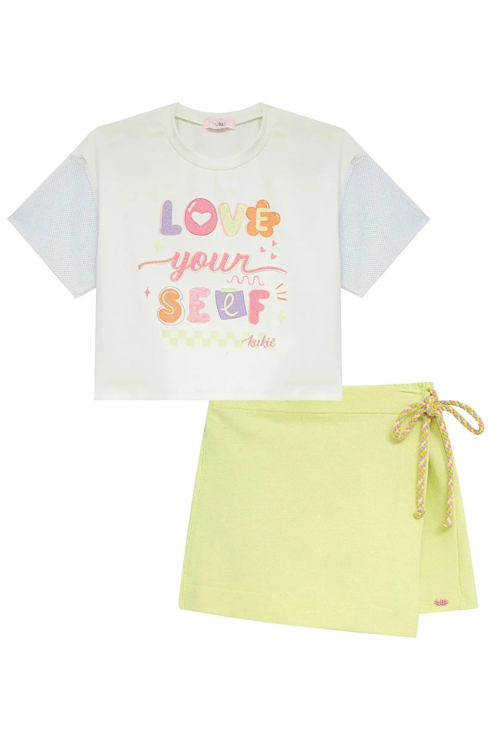Conjunto de Blusa em Malha Power e Tela e Short Saia em Moletom sem Pelúcia 93628 Kukiê Infantil Menina