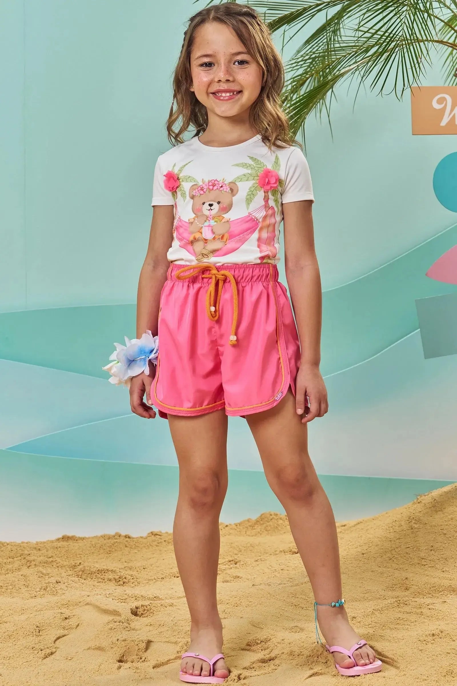 Conjunto de Blusa em Malha UV e Short em Nylon 83993 Kukiê Infantil Menina
