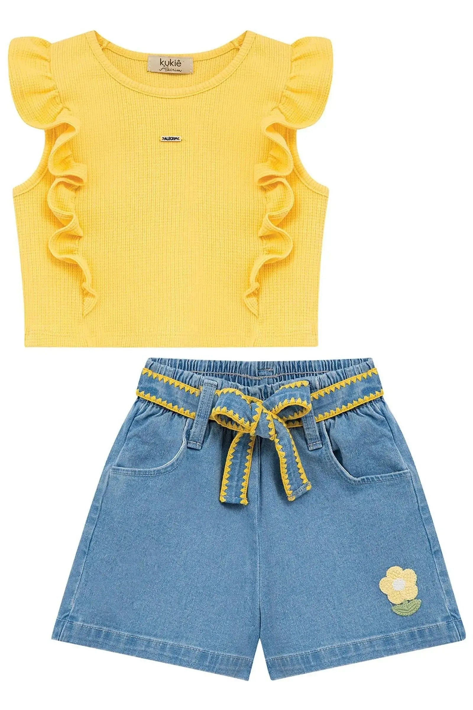Conjunto de Blusa em Malha Waffle e Shorts em Jeans com Elastano 94796 Kukiê Infantil Menina