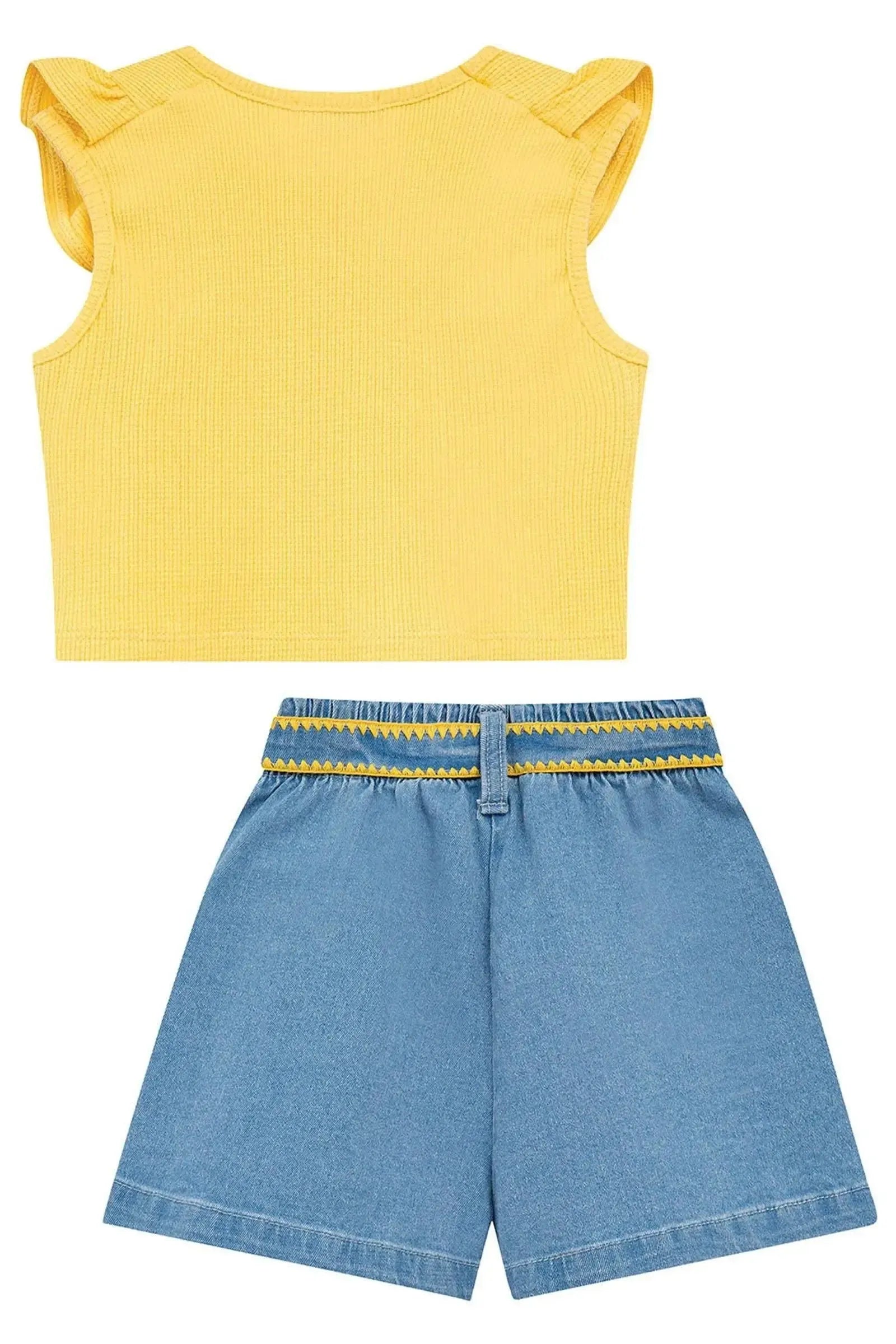 Conjunto de Blusa em Malha Waffle e Shorts em Jeans com Elastano 94796 Kukiê Infantil Menina