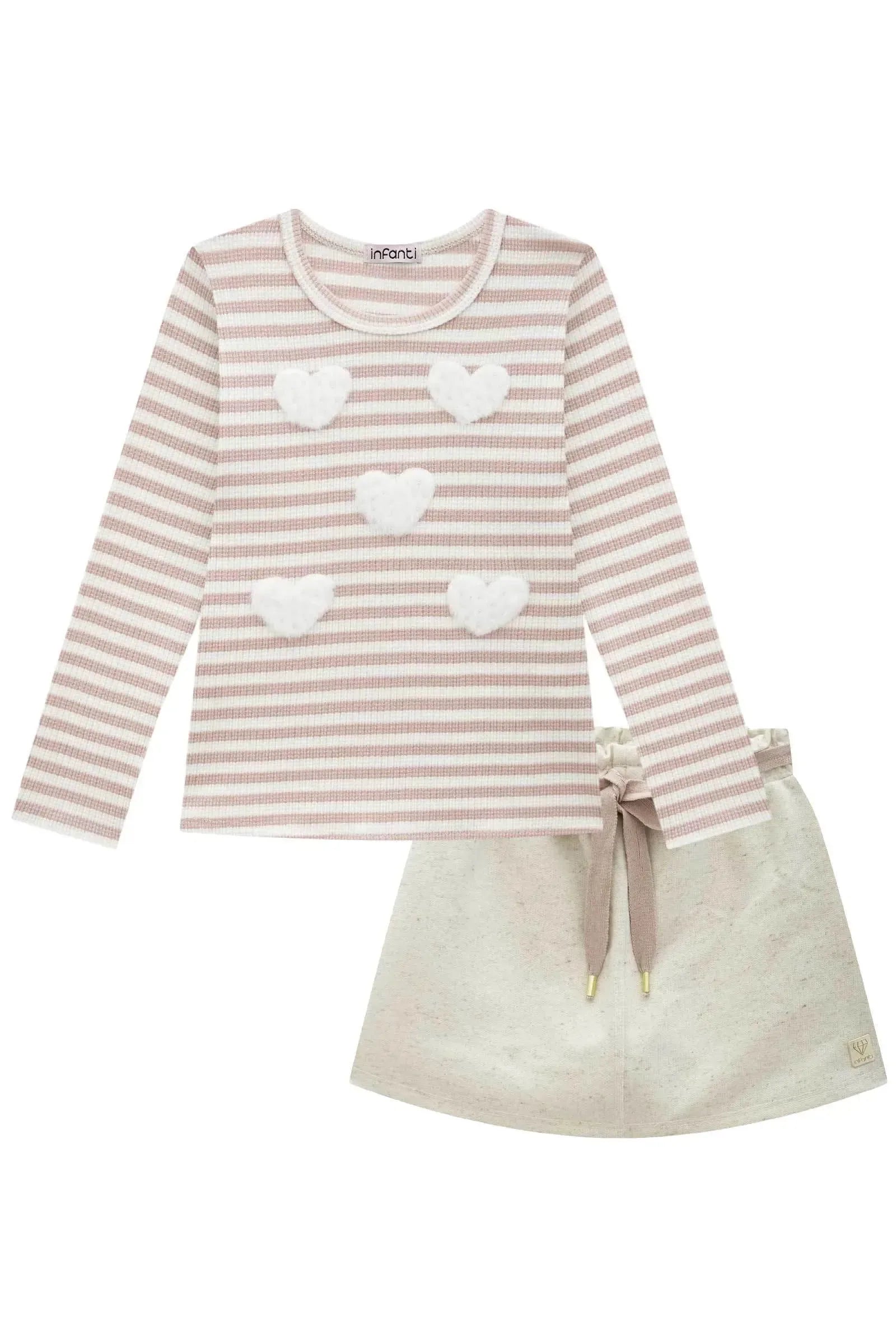 Conjunto de Blusa em Malha Waffle Listrada e Short Saia em Moletom Linho sem Pelúcia 91926 Infanti Infantil Menina