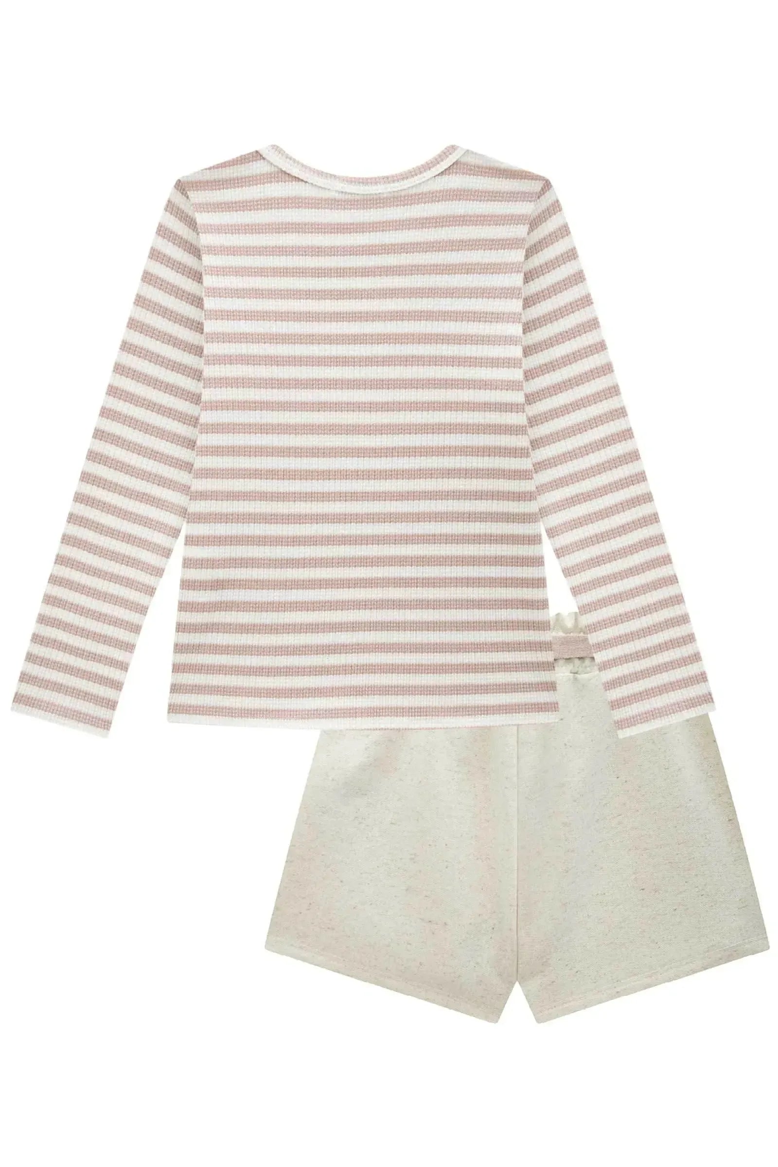 Conjunto de Blusa em Malha Waffle Listrada e Short Saia em Moletom Linho sem Pelúcia 91926 Infanti Infantil Menina
