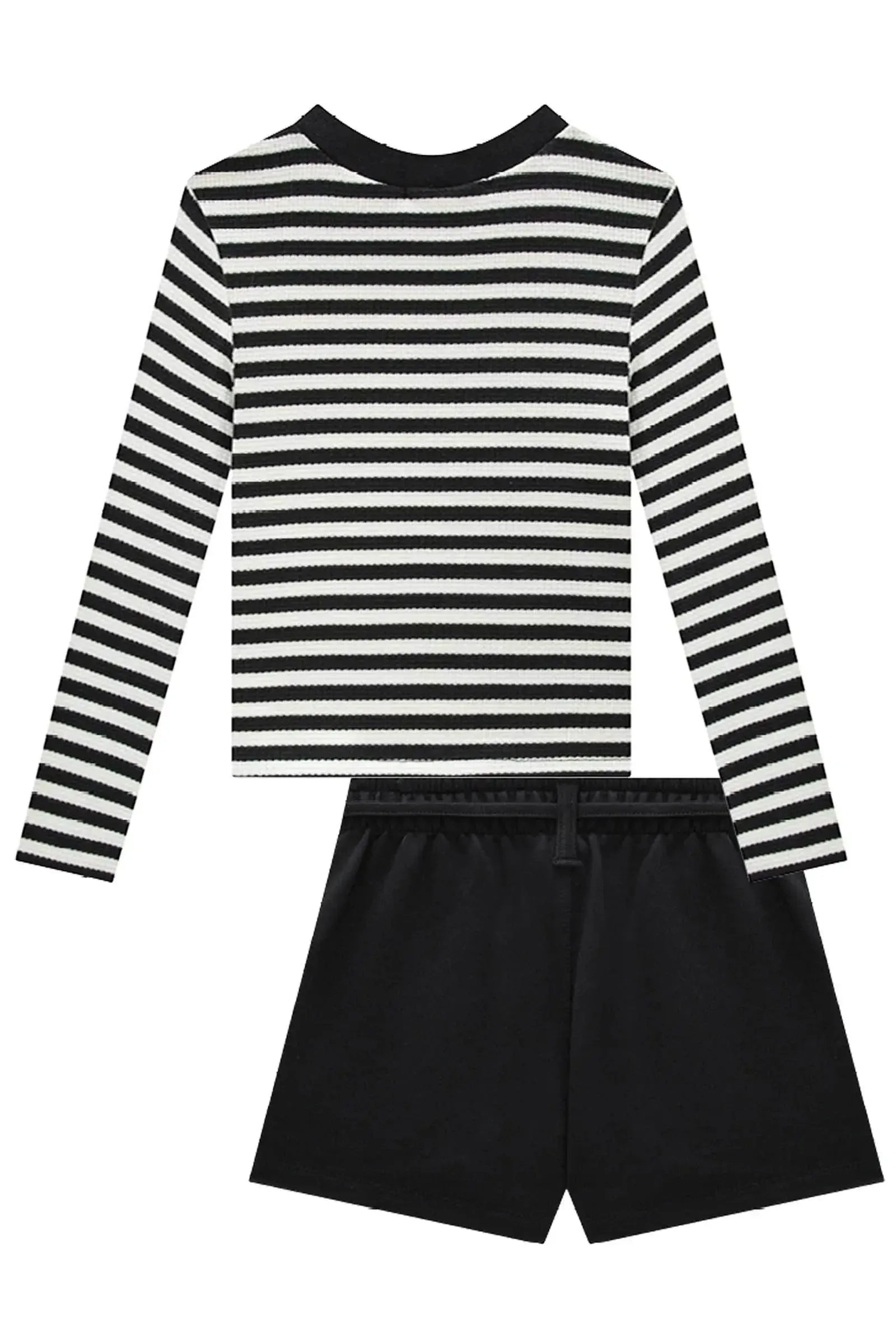 Conjunto de Blusa em Malha Waffle Listrada e Shorts em Moletom sem Pelúcia 91854 Lilimoon Teen Menina