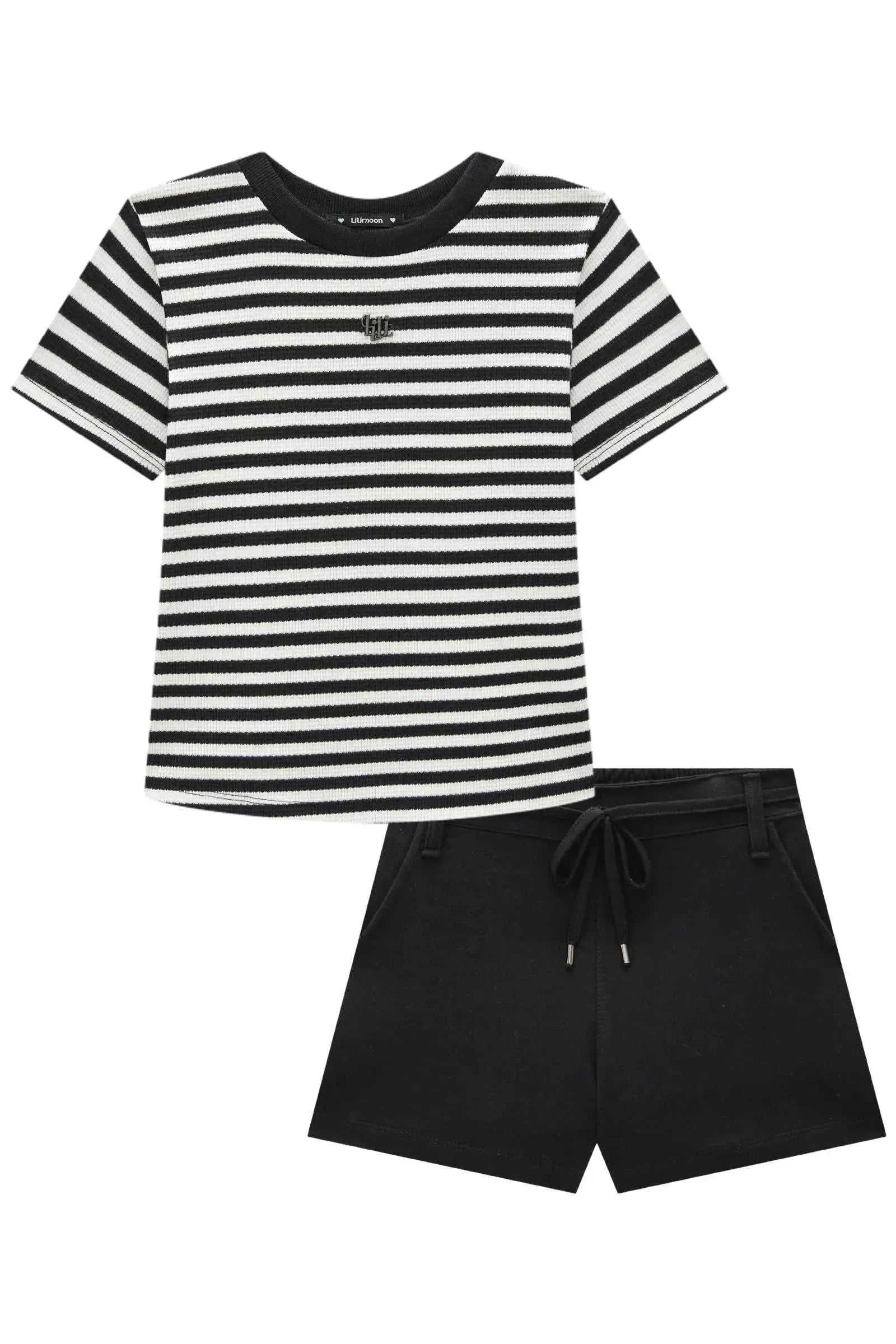 Conjunto de Blusa em Malha Waffle Listrada e Shorts em Moletom sem Pelúcia 93297 Lilimoon Teen Menina