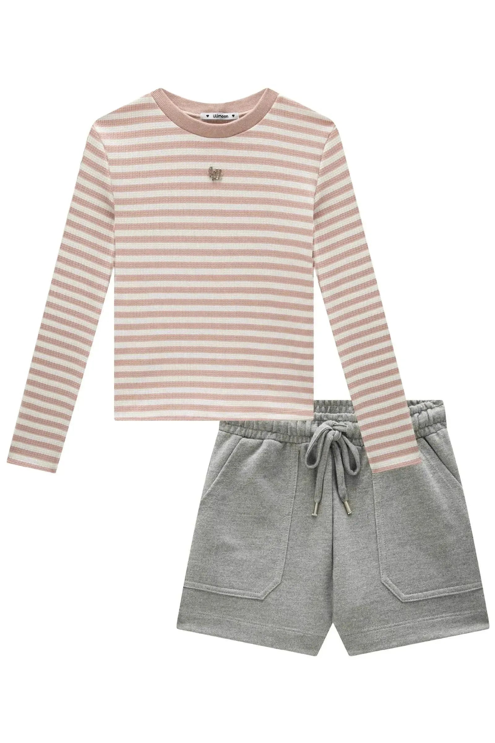 Conjunto de Blusa em Malha Waflle Listrada e Shorts em Moletom sem Pelúcia 91857 Lilimoon Teen Menina