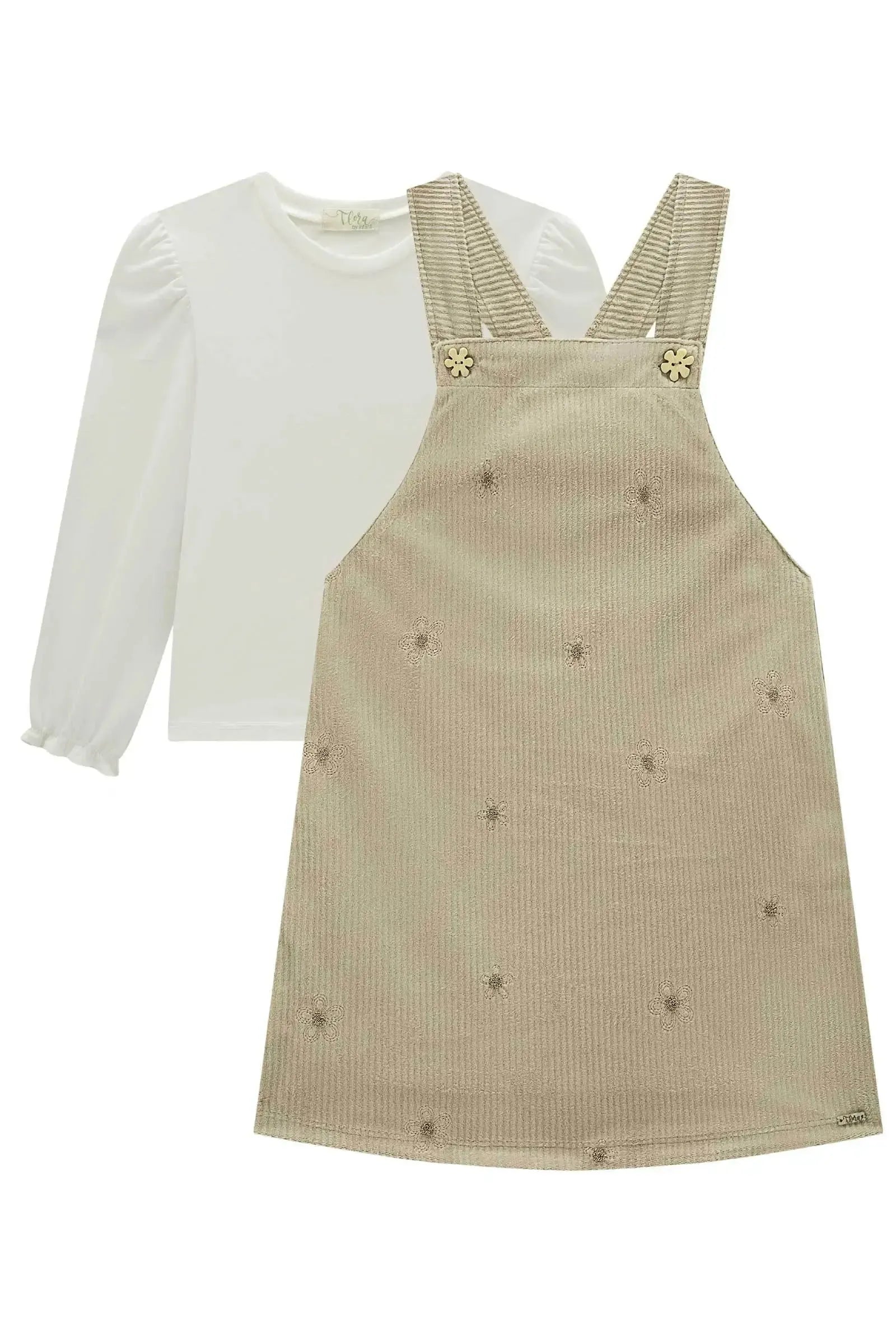 Conjunto de Blusa em Meia Malha com Salopete em Malha Veludo Cotelê Bordado 93486 Infanti Infantil Menina