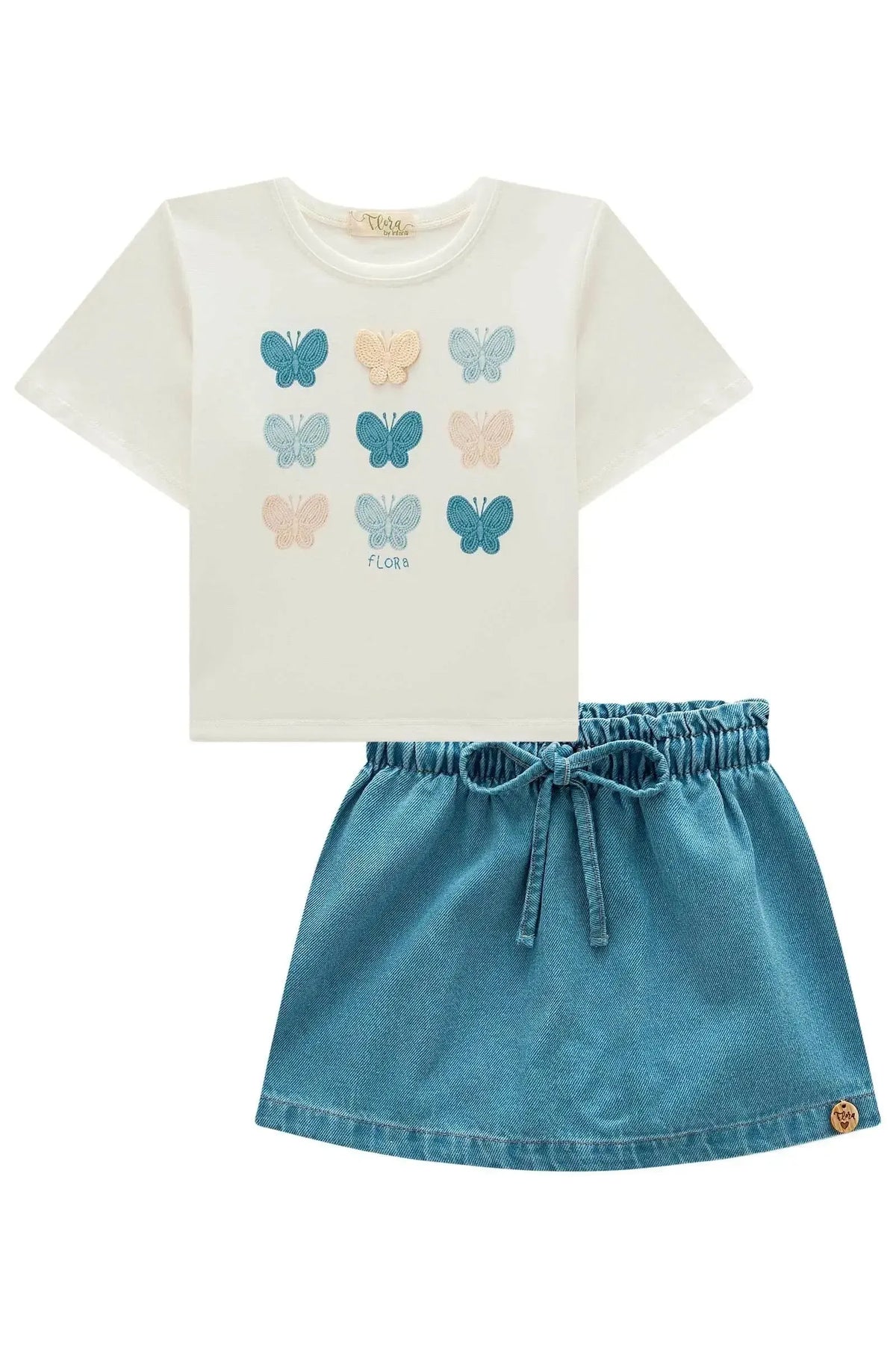 Conjunto de Blusa em Meia Malha com Short Saia em Jeans 99156 Infanti Infantil Menina