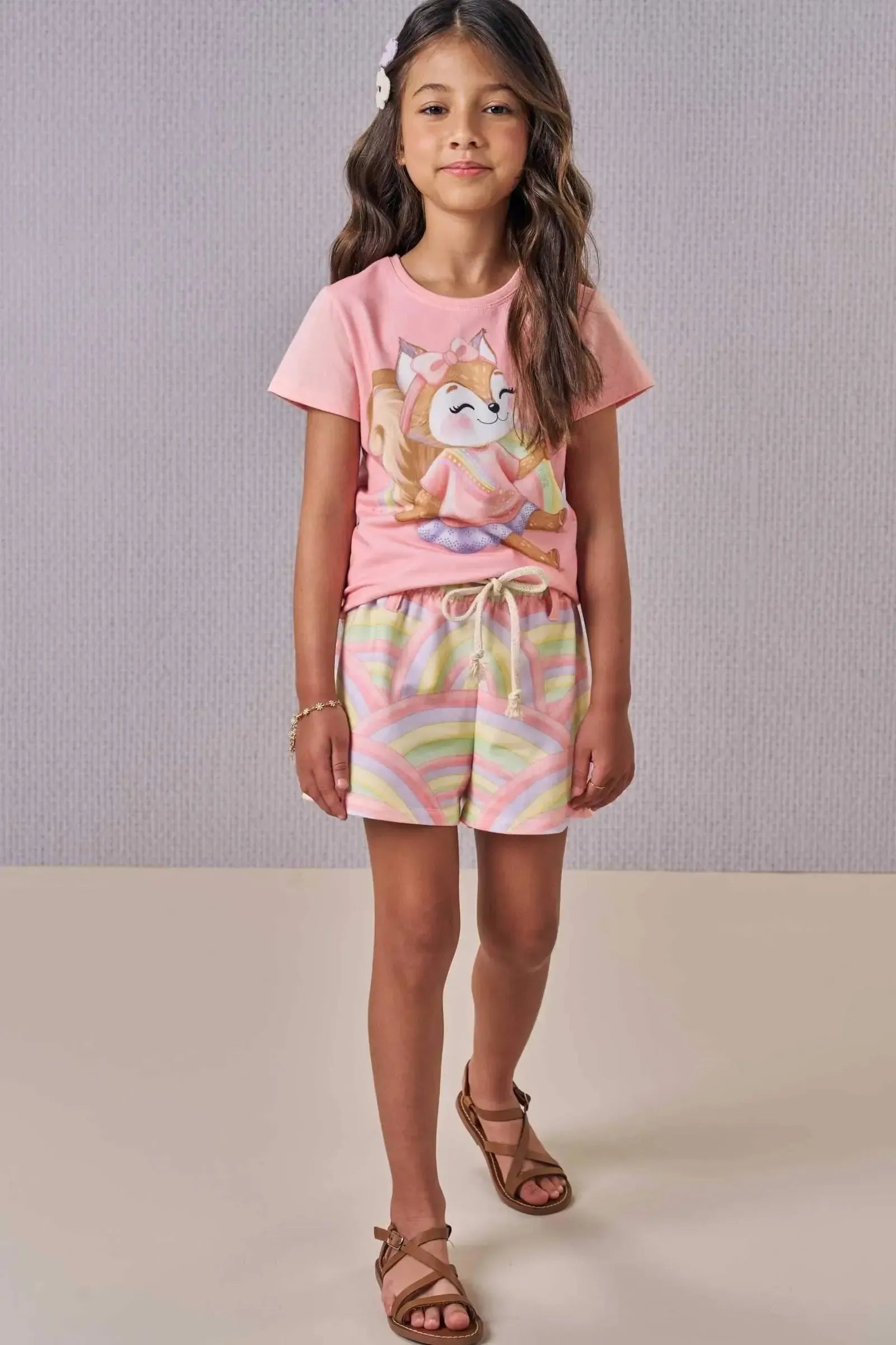 Conjunto de Blusa em Meia Malha com Shorts em Molecotton 88629 Infanti Infantil Menina