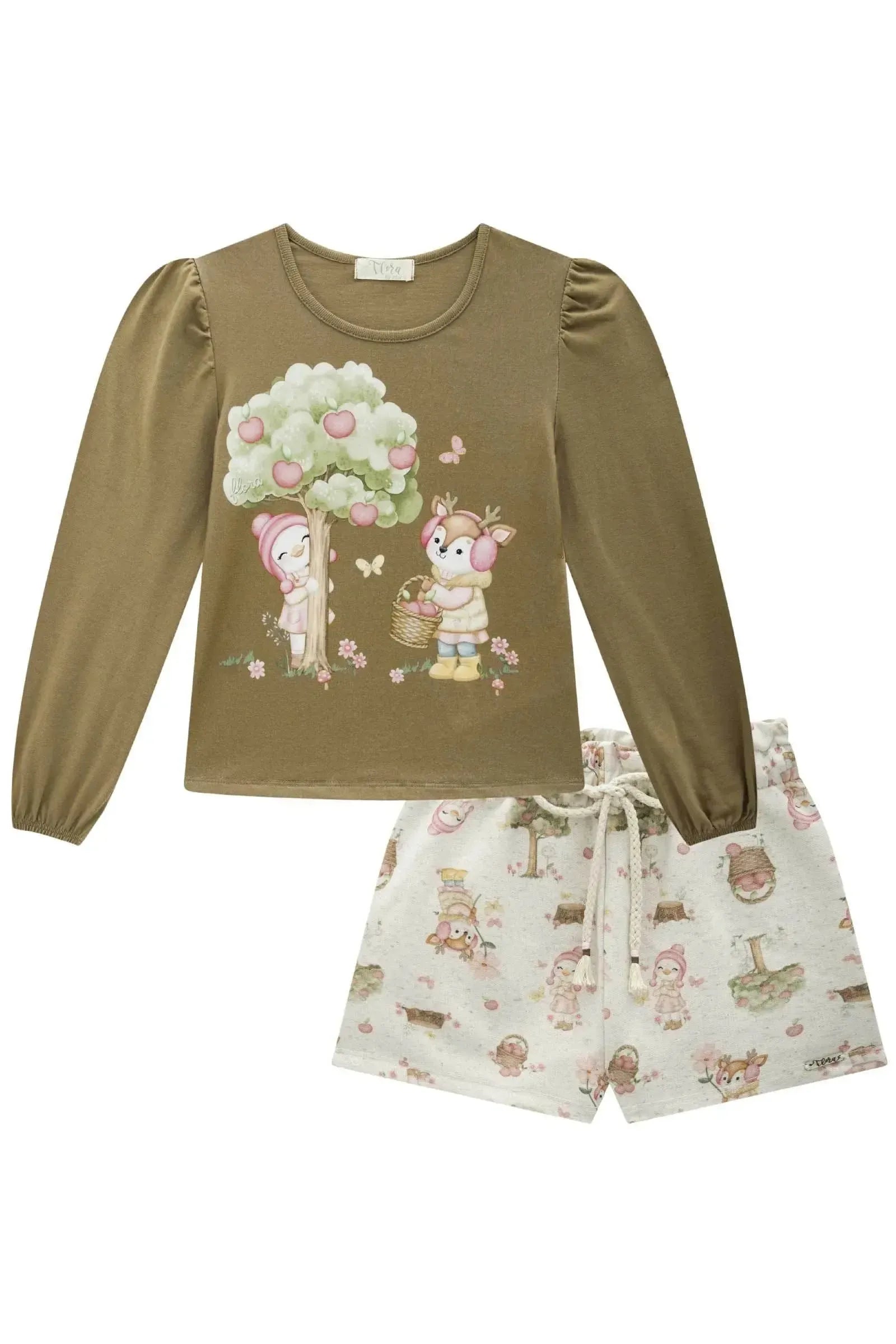 Conjunto de Blusa em Meia Malha com Shorts em Moletom Linho sem Pelúcia 90506 Infanti Infantil Menina