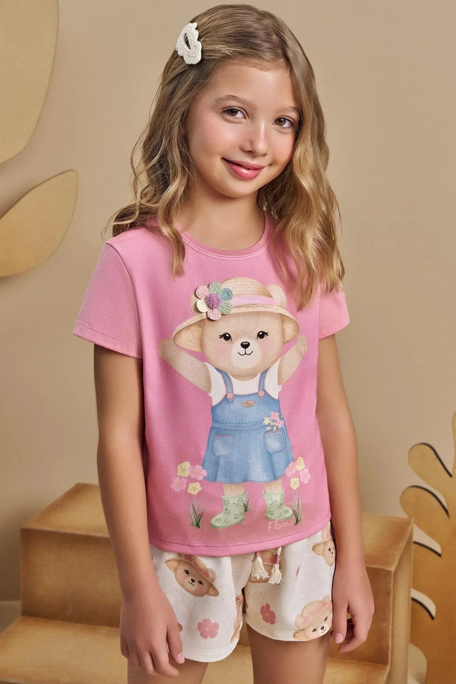 Conjunto de Blusa em Meia Malha com Shorts em Moletom Linho sem Pelúcia 93350 Infanti Infantil Menina