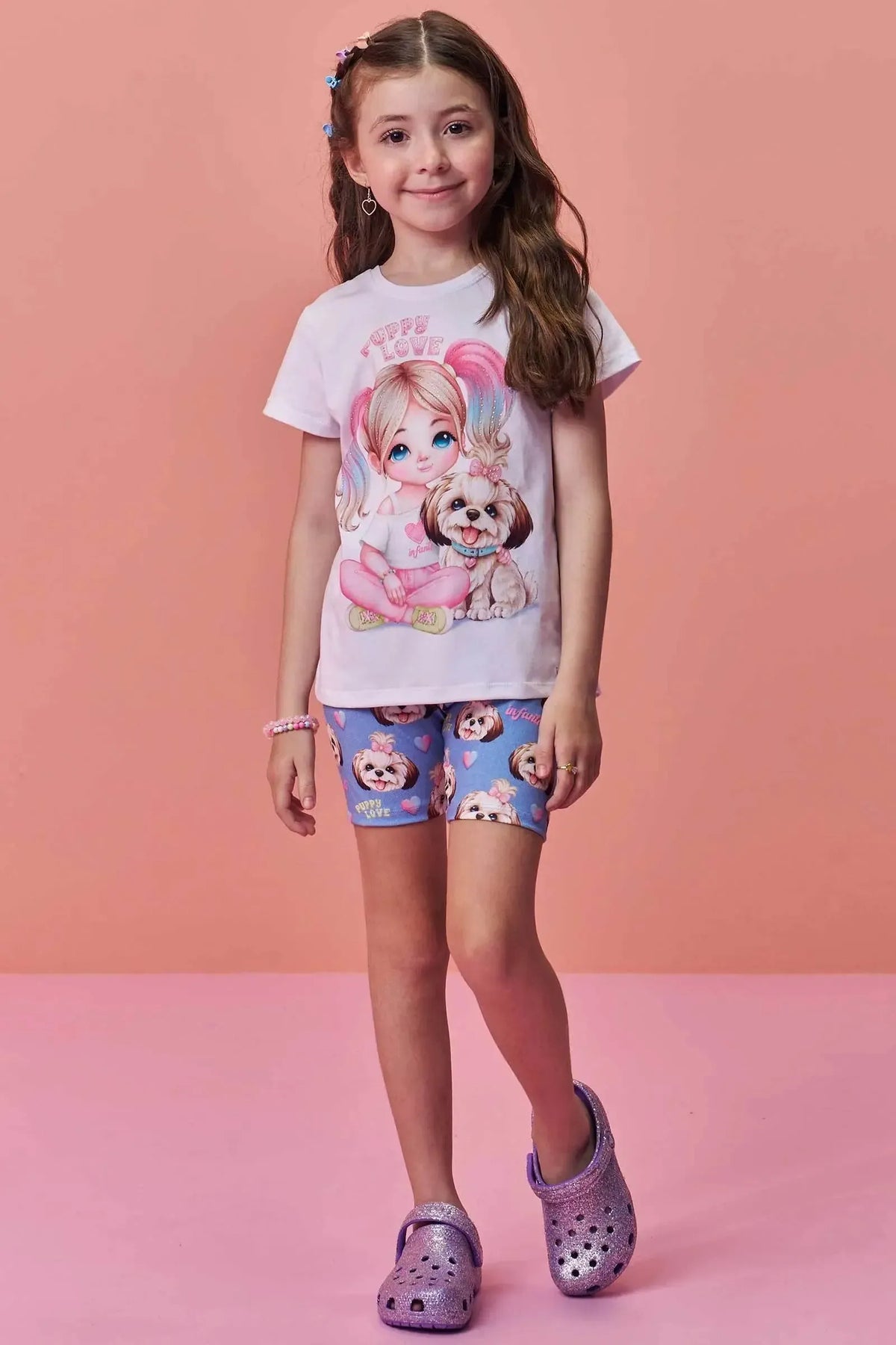 Conjunto de Blusa em Meia Malha e Bermuda Biker em Malha Power 98076 Infanti Infantil Menina