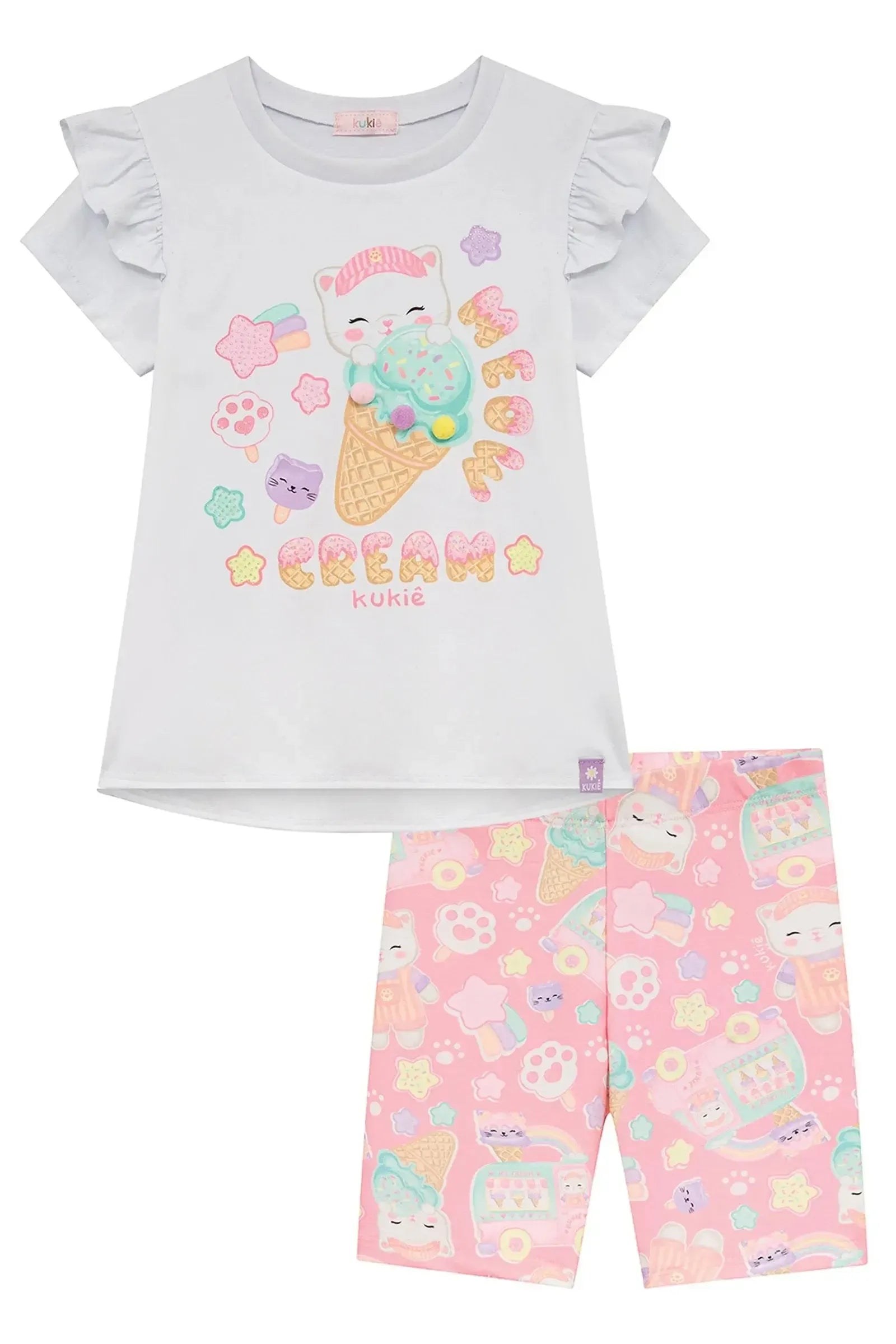 Conjunto de Blusa em Meia Malha e Bermuda Biker em Molecotton 95090 Kukiê Infantil Menina