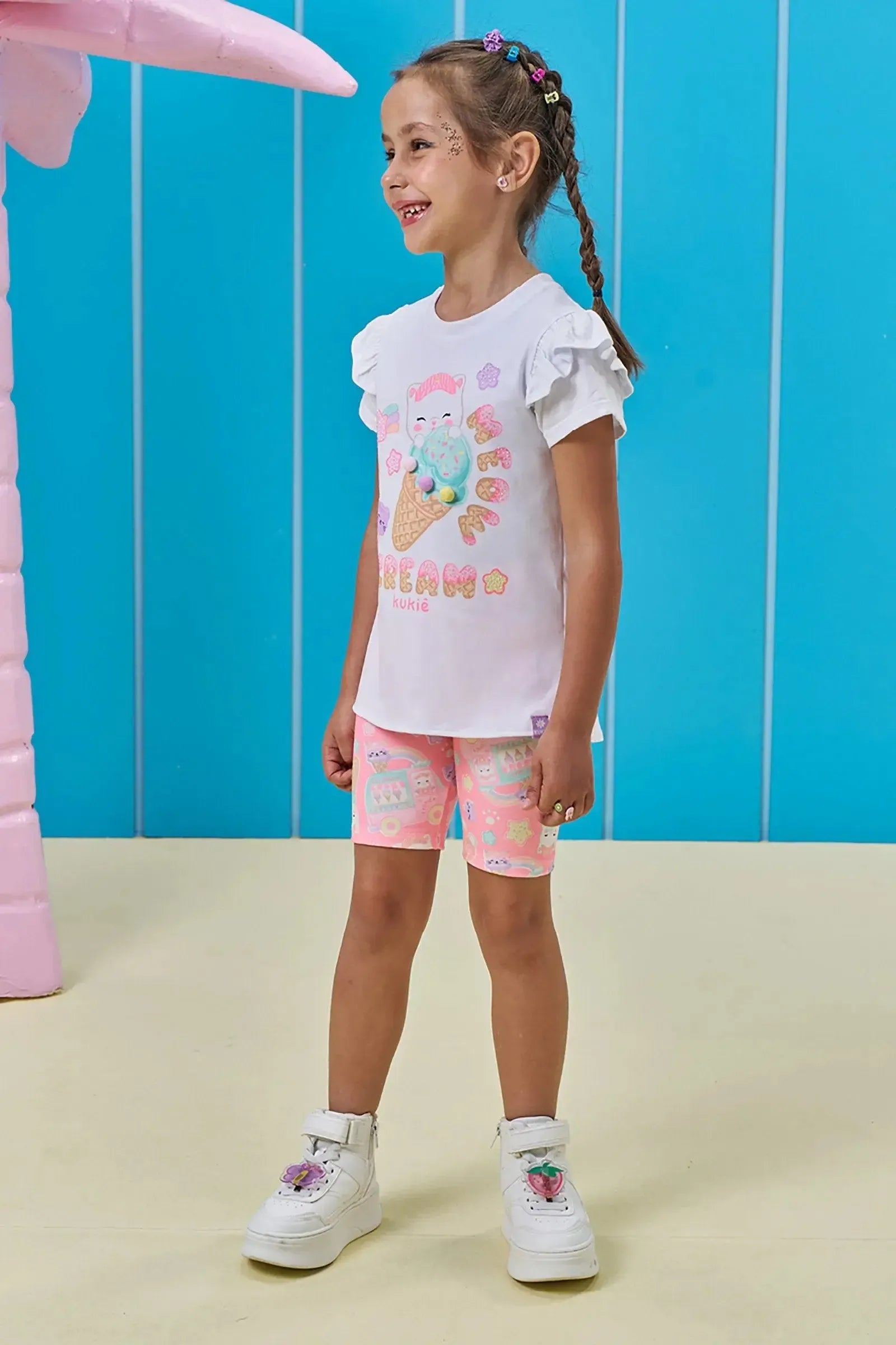 Conjunto de Blusa em Meia Malha e Bermuda Biker em Molecotton 95090 Kukiê Infantil Menina
