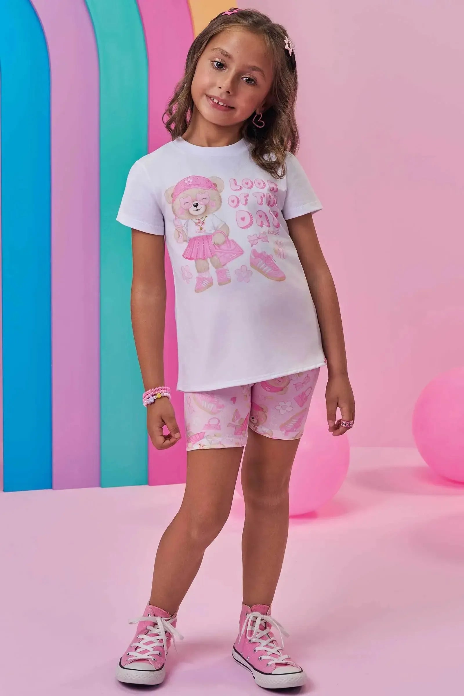 Conjunto de Blusa em Meia Malha e Bermuda Biker em Molecotton 98760 Kukiê Infantil Menina