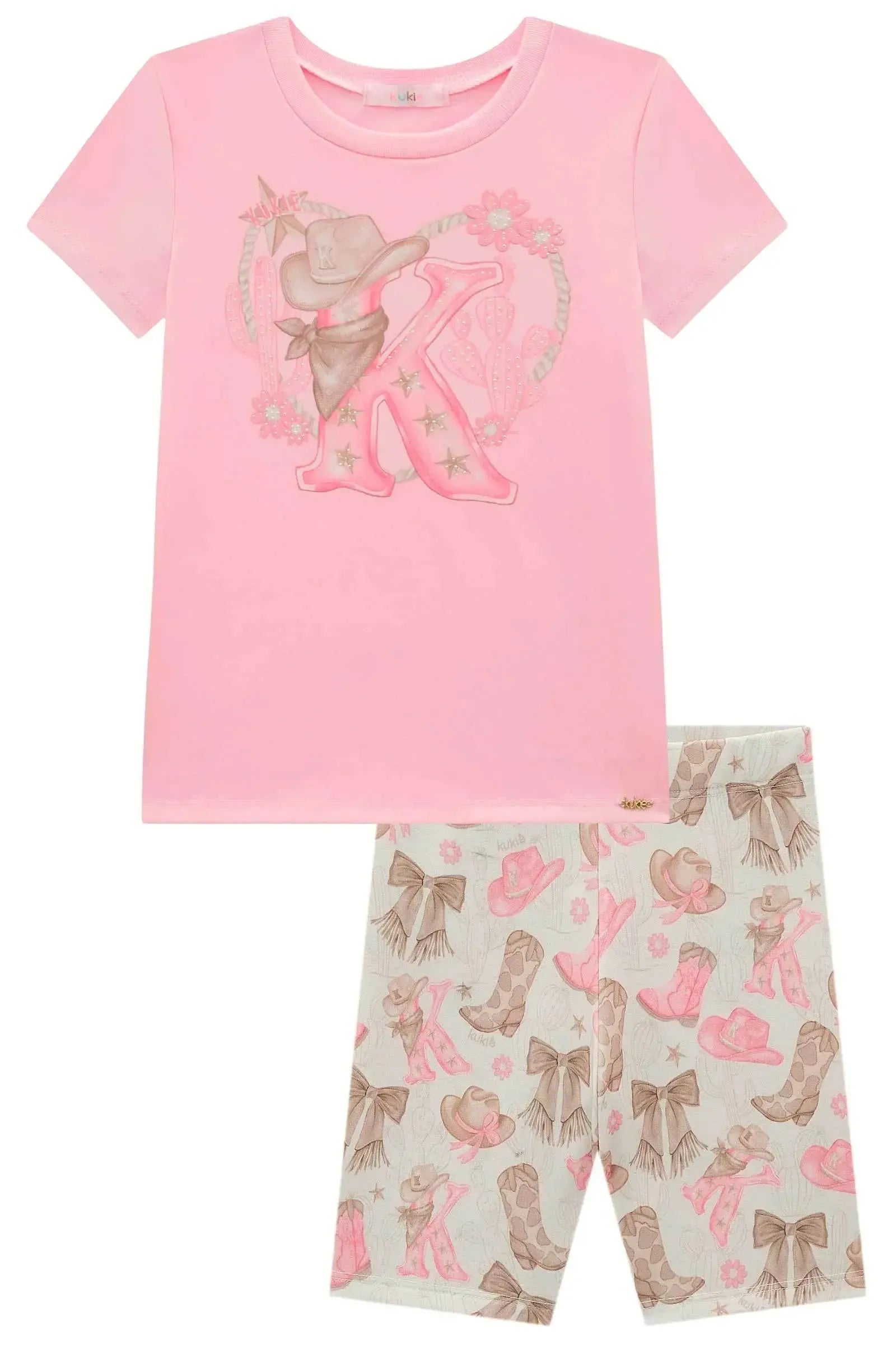 Conjunto de Blusa em Meia Malha e Bermuda Biker em Molecotton 98734 Kukiê Infantil Menina
