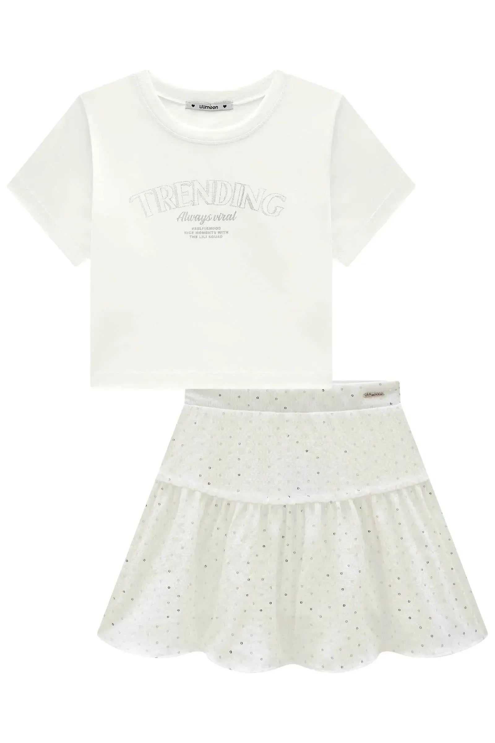 Conjunto de Blusa em Meia Malha e Saia em Anarruga Bordada com Shorts Embutido 98578 Lilimoon Teen Menina