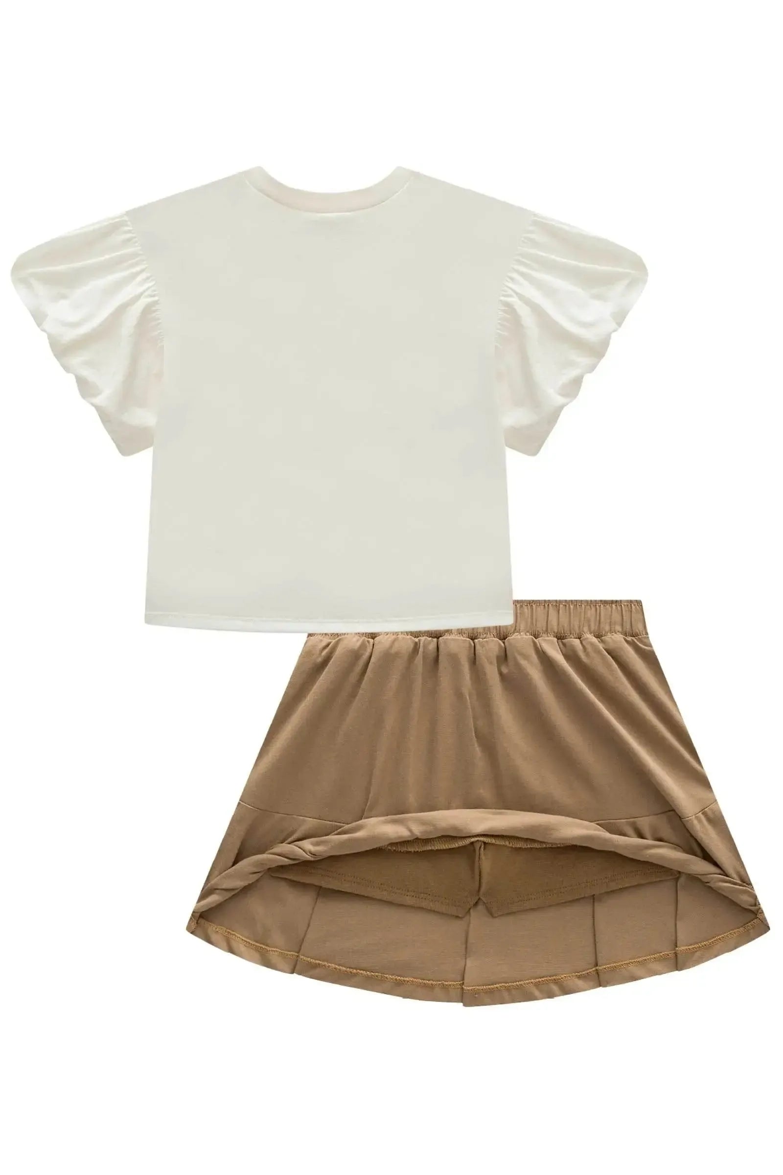 Conjunto de Blusa em Meia Malha e Saia em Sarja com Elastano (com Shorts Embutido) 99014 Kukiê Infantil Menina