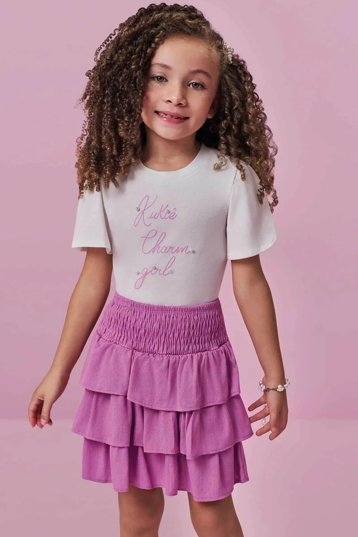 Conjunto de Blusa em Meia Malha e Saia em Viscose (com Shorts Embutido) 99446 Kukiê Infantil Menina