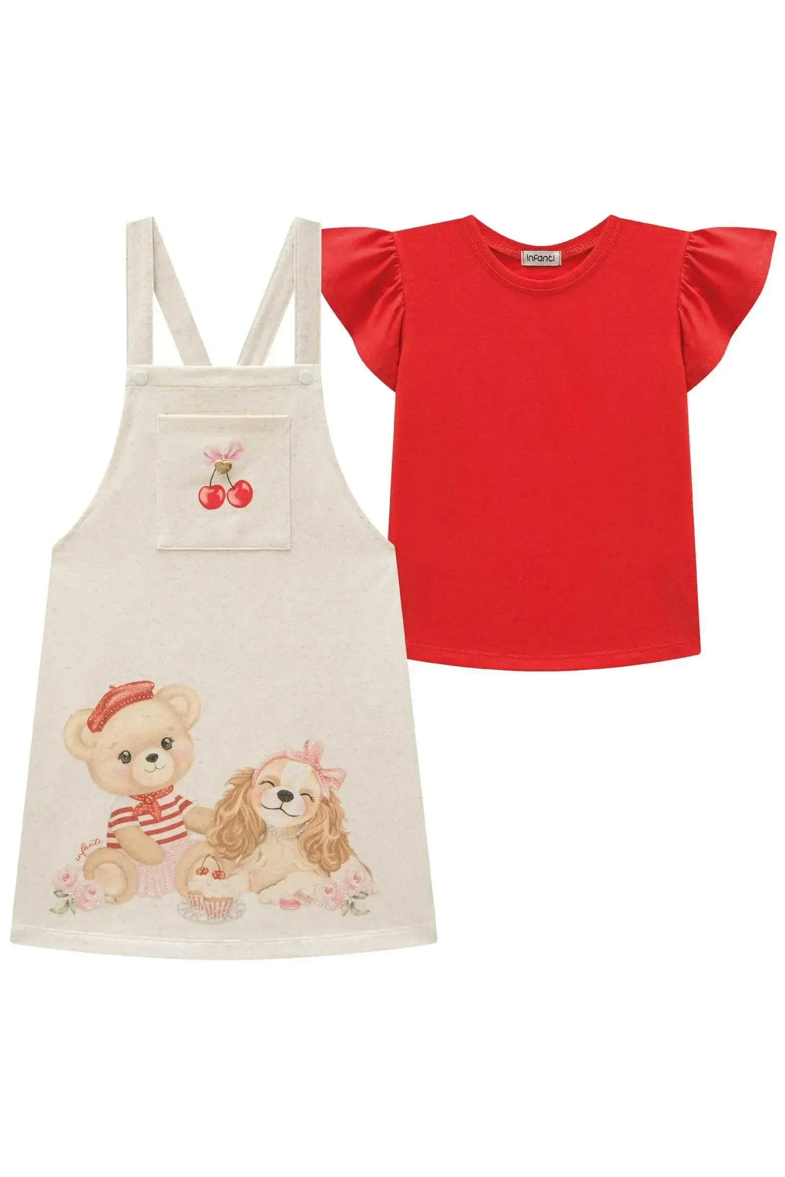 Conjunto de Blusa em Meia Malha e Salopete em Moletom Linho sem Pelúcia 97027 Infanti Infantil Menina