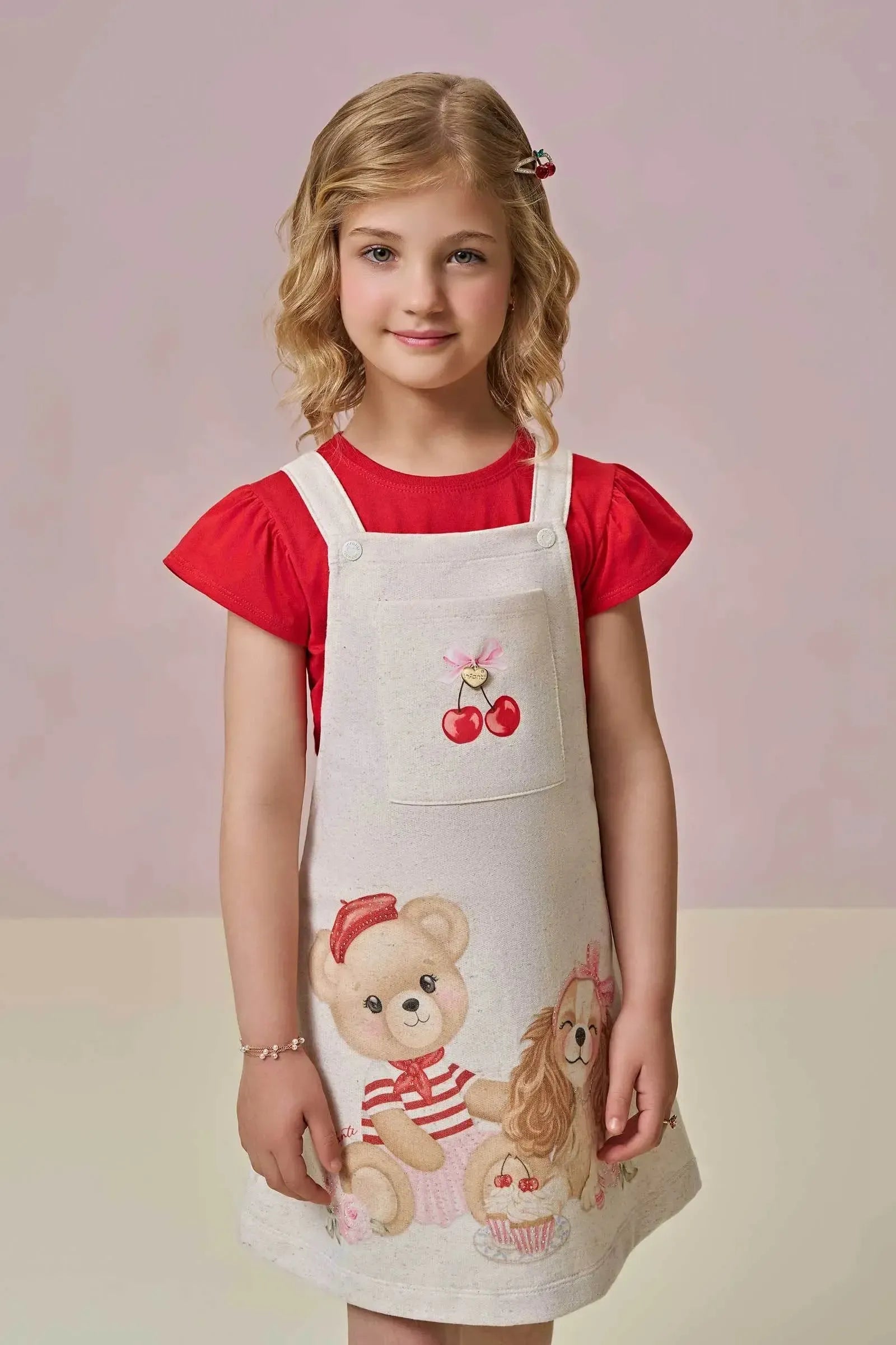 Conjunto de Blusa em Meia Malha e Salopete em Moletom Linho sem Pelúcia 97027 Infanti Infantil Menina