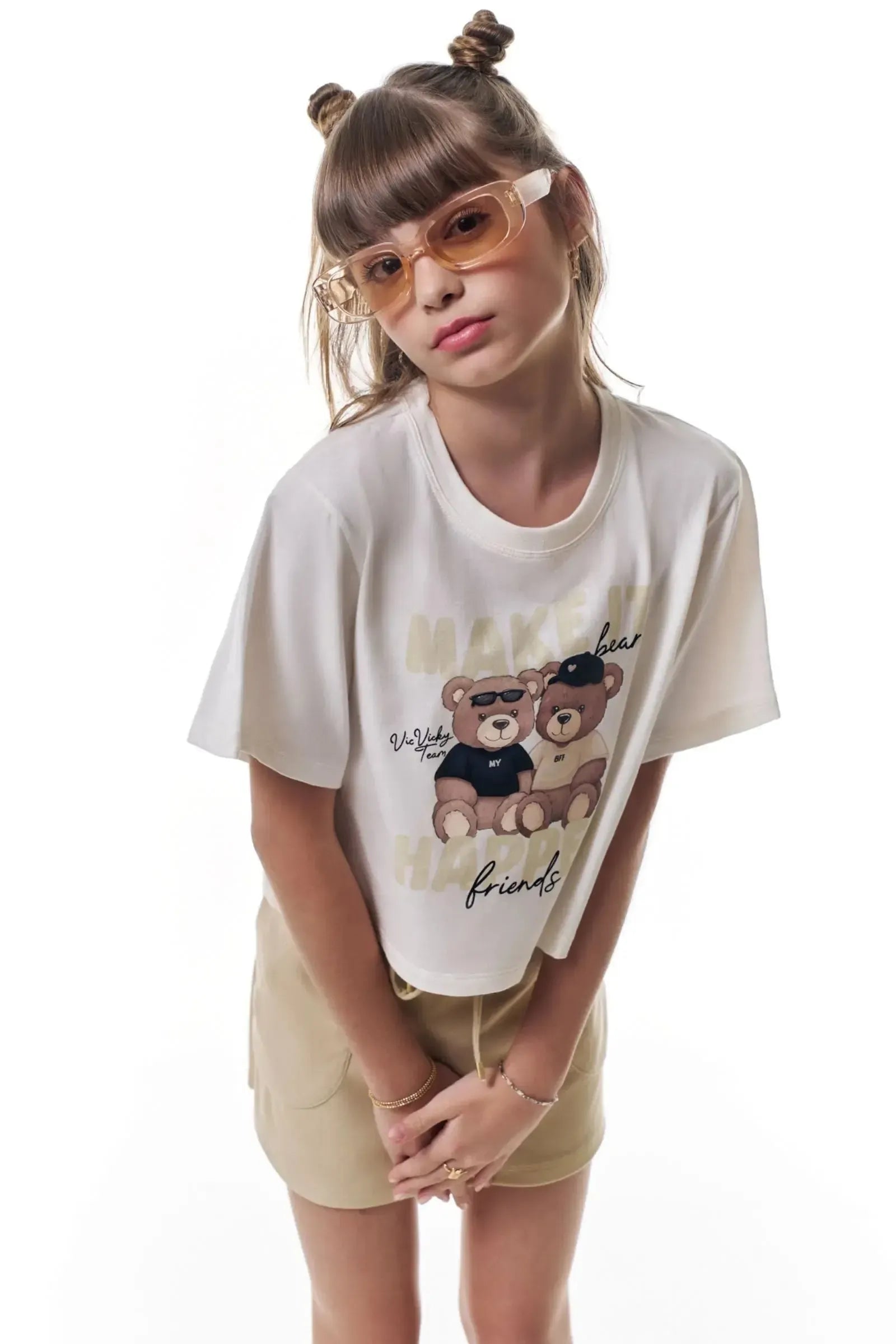 Conjunto de Blusa em Meia Malha e Short Saia em Cotton Jeans 95965 Vic&Vicky Teen Menina