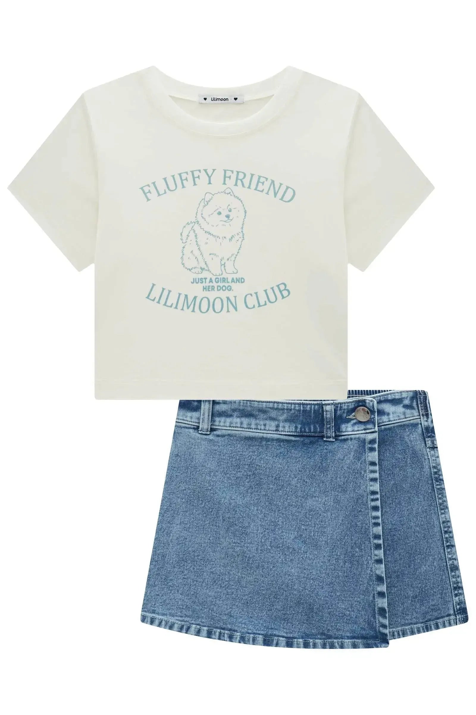 Conjunto de Blusa em Meia Malha e Short Saia em Jeans Arkansas 92653 Lilimoon Teen Menina
