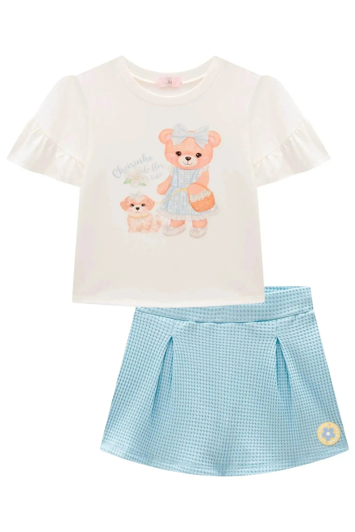 Conjunto de Blusa em Meia Malha e Short Saia em Malha Big Waffle 98365 Kukiê Infantil Menina