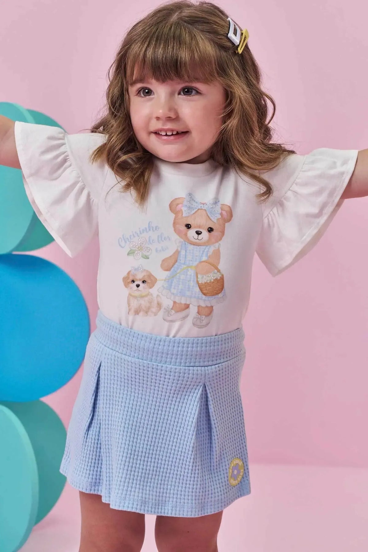 Conjunto de Blusa em Meia Malha e Short Saia em Malha Big Waffle 98365 Kukiê Infantil Menina