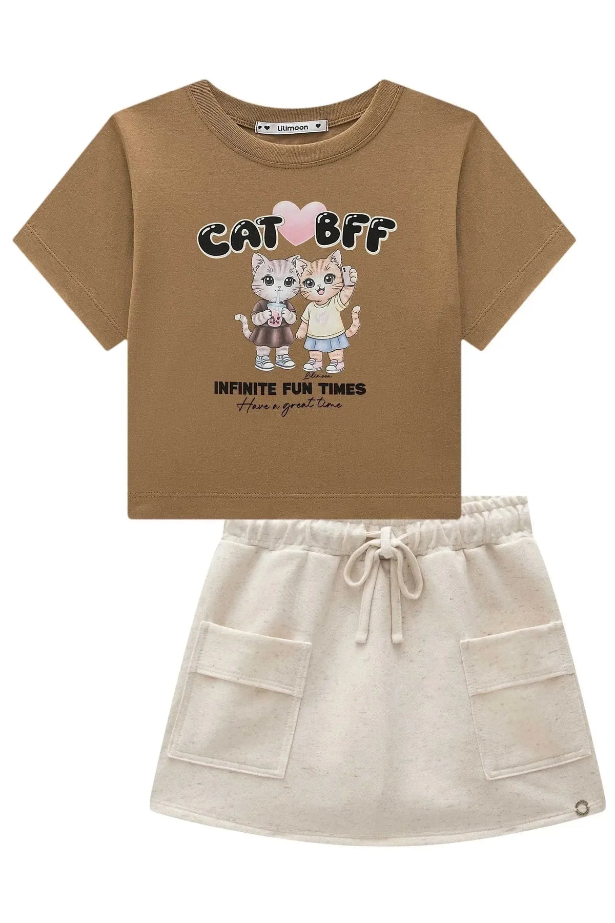 Conjunto de Blusa em Meia Malha e Short Saia em Moletom sem Pelúcia 98966 Lilimoon Teen Menina