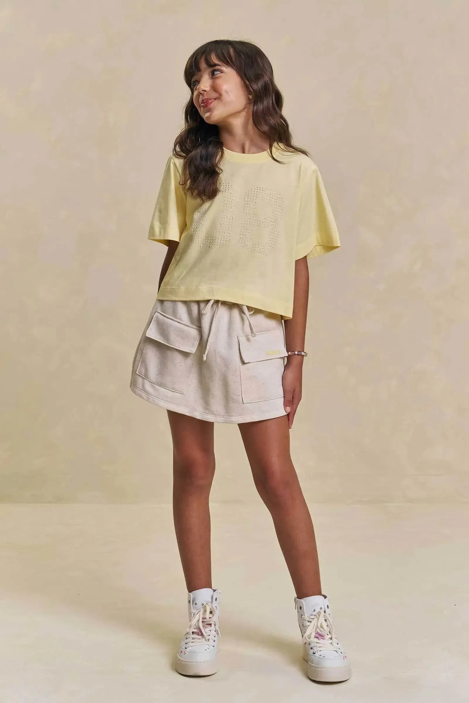Conjunto de Blusa em Meia Malha e Short Saia em Moletom sem Pelúcia 95806 Lilimoon Teen Menina