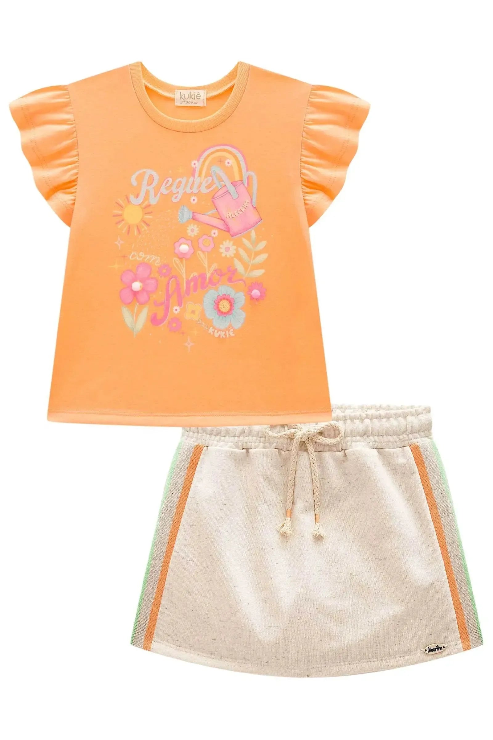 Conjunto de Blusa em Meia Malha e Short Saia em Moletom sem Pelúcia 98001 Kukiê Infantil Menina
