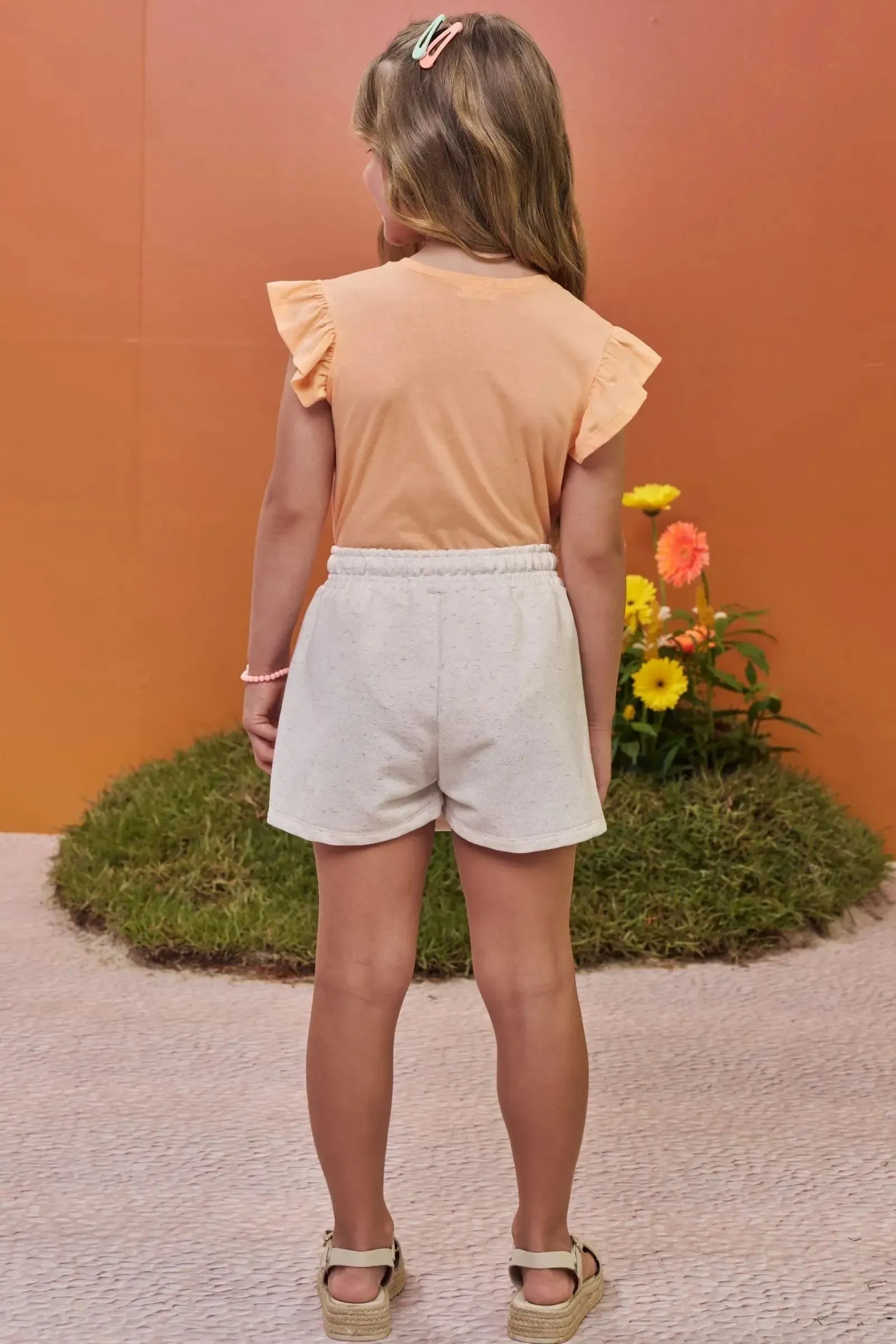 Conjunto de Blusa em Meia Malha e Short Saia em Moletom sem Pelúcia 98001 Kukiê Infantil Menina