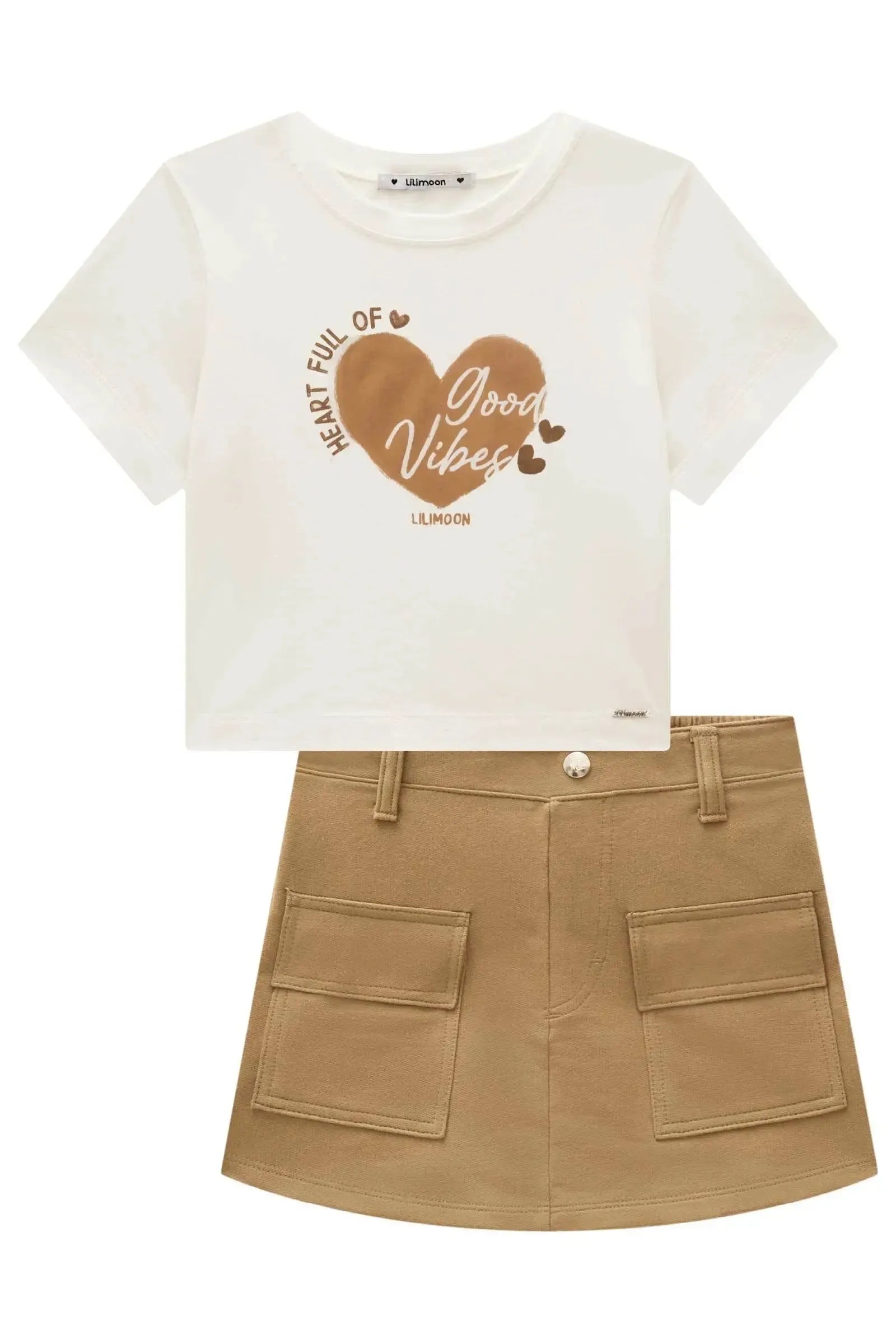 Conjunto de Blusa em Meia Malha e Short Saia em Moletom sem Pelúcia 98574 Lilimoon Teen Menina
