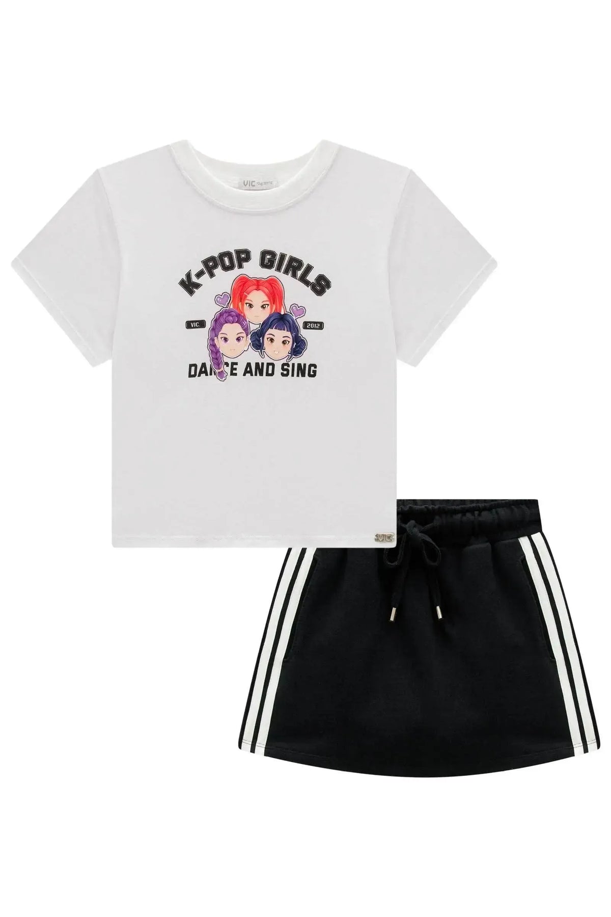 Conjunto de Blusa em Meia Malha e Short Saia em Moletom sem Pelúcia 98889 Vic Teen Menina