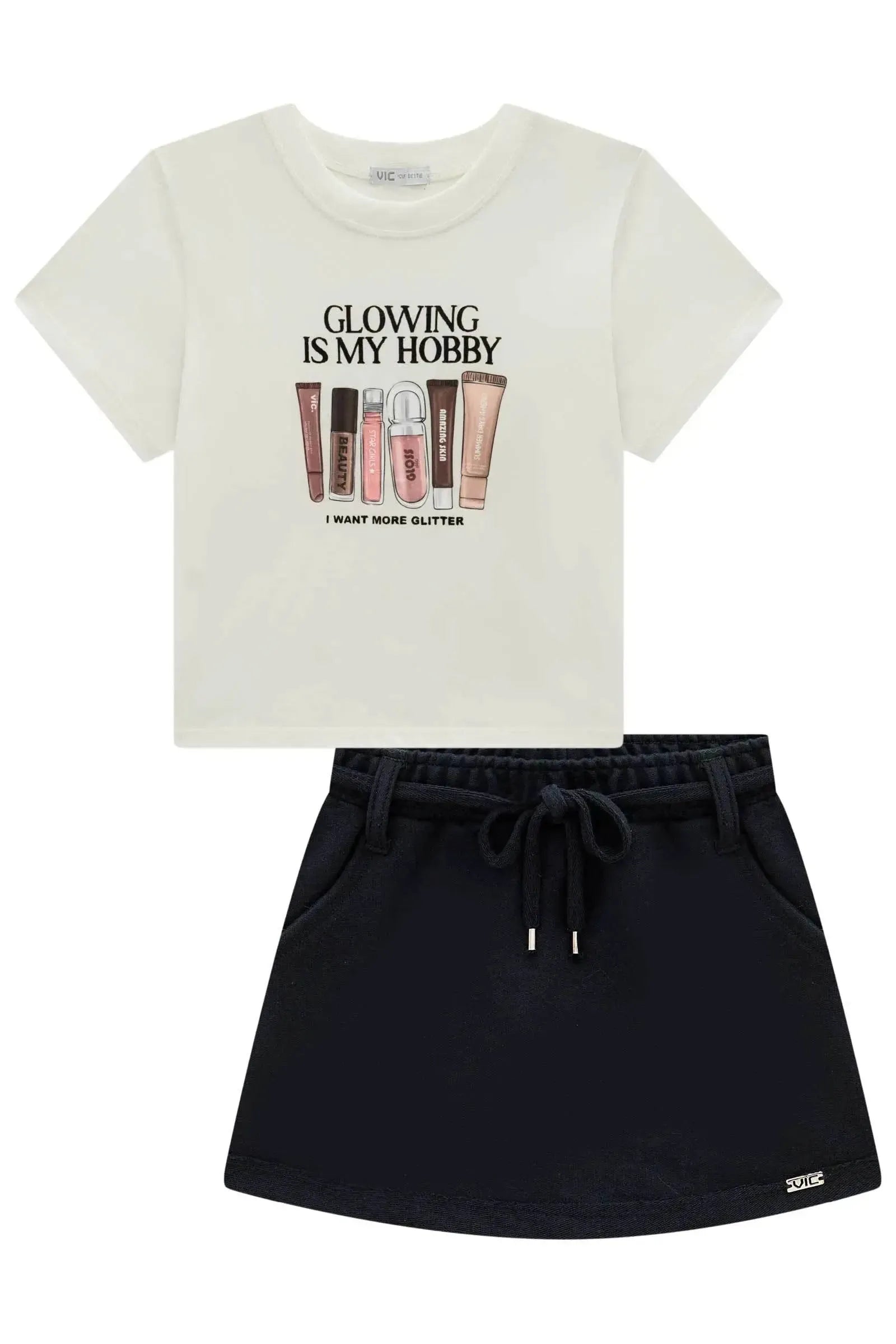 Conjunto de Blusa em Meia Malha e Short Saia em Moletom sem Pelúcia 99102 Vic Teen Menina