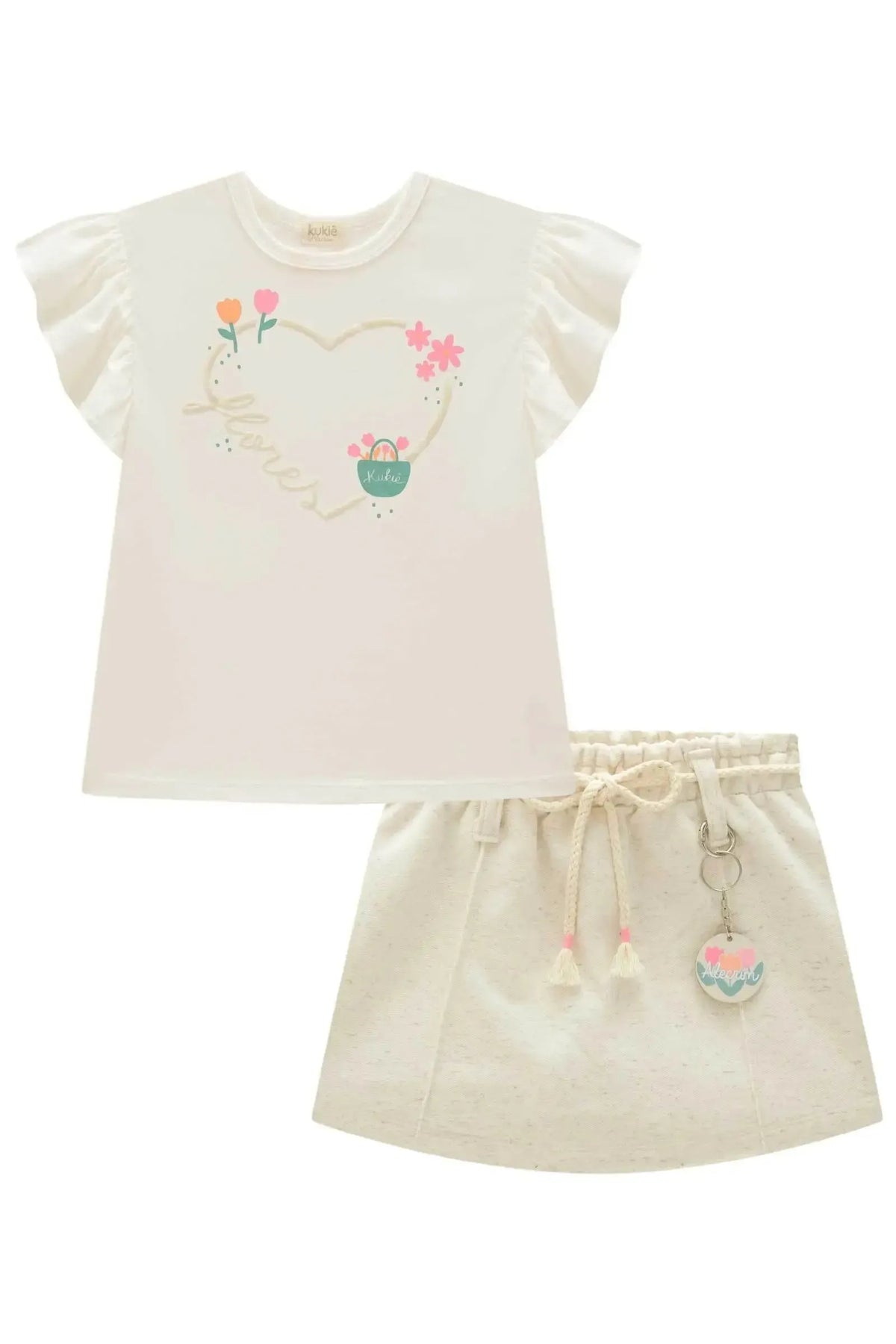 Conjunto de Blusa em Meia Malha e Short Saia em Moletom sem Pelúcia 99586 Kukiê Infantil Menina