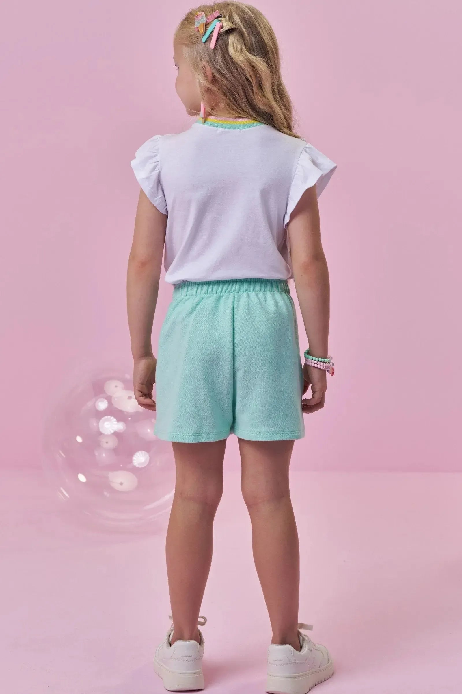 Conjunto de Blusa em Meia Malha e Short Saia em Moletom sem Pelúcia 99643 Kukiê Infantil Menina