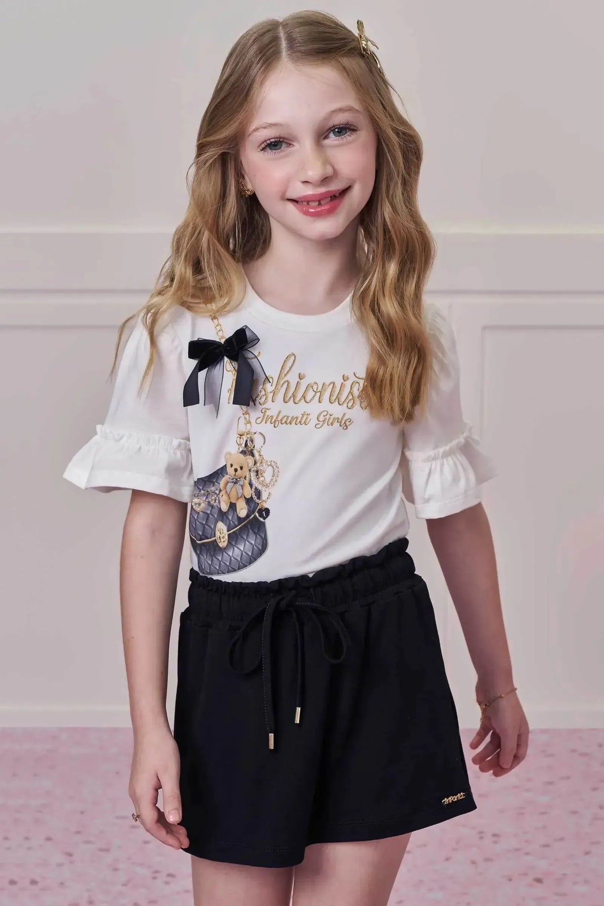 Conjunto de Blusa em Meia Malha e Short Saia em Molevisco 98719 Infanti Infantil Menina