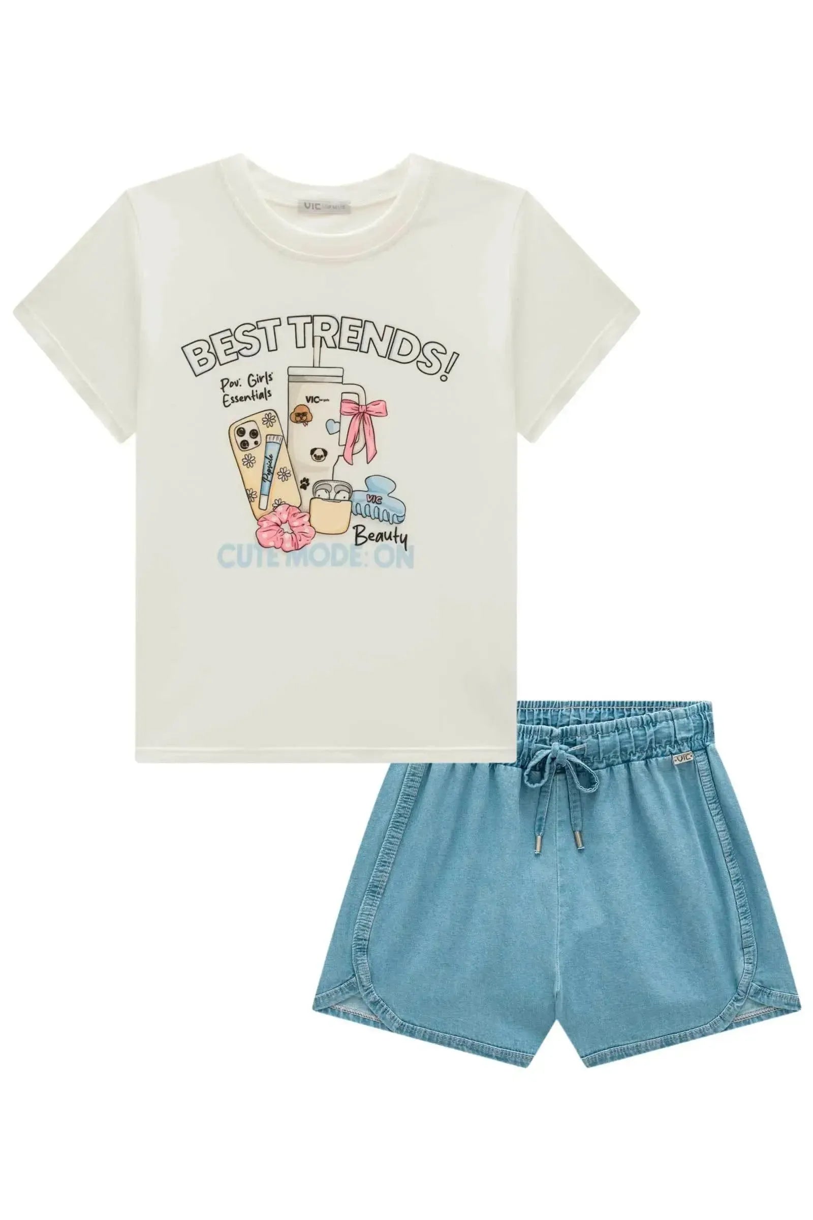 Conjunto de Blusa em Meia Malha e Shorts em Jeans 99227 Vic Teen Menina