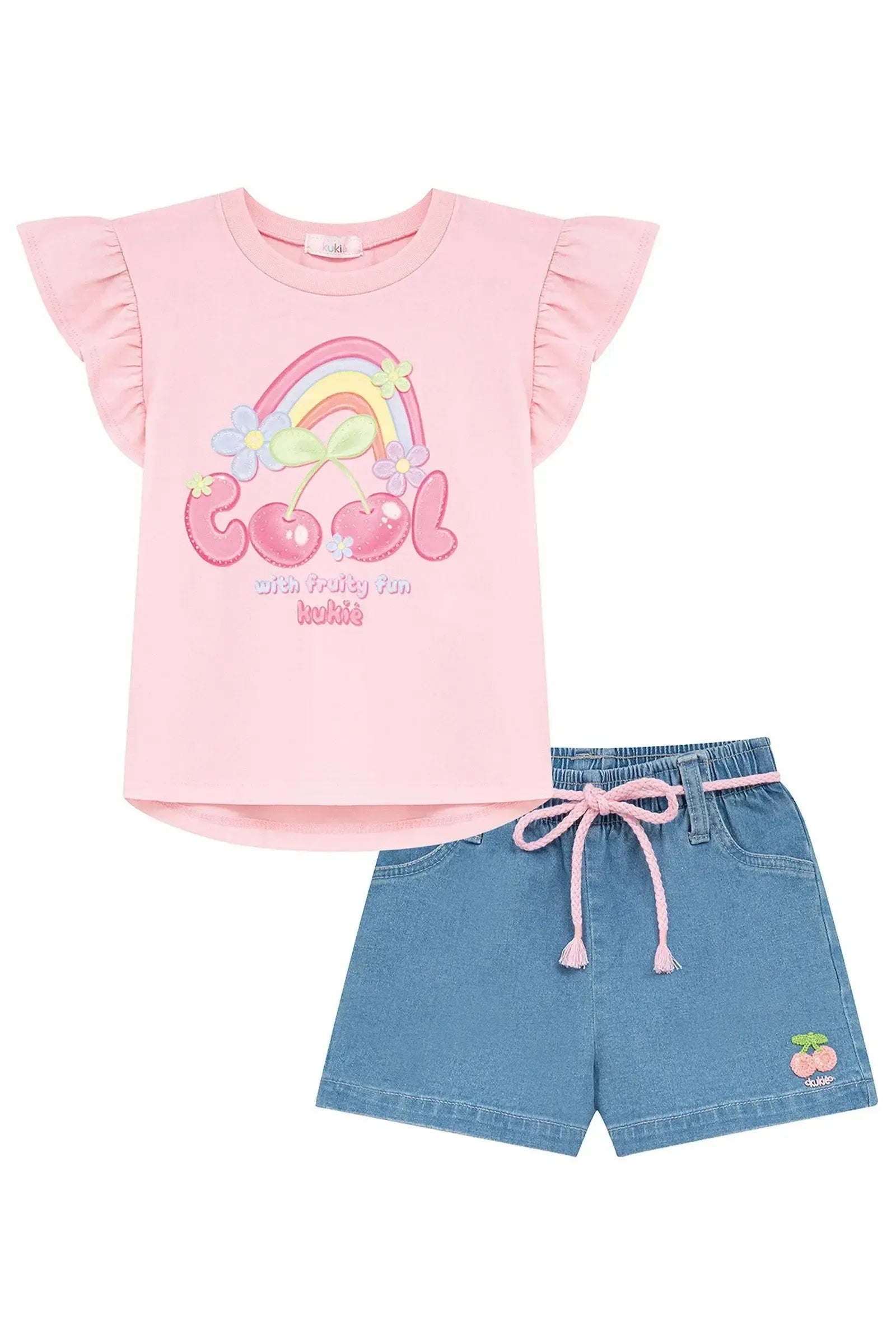 Conjunto de Blusa em Meia Malha e Shorts em Jeans com Elastano 95093 Kukiê Infantil Menina