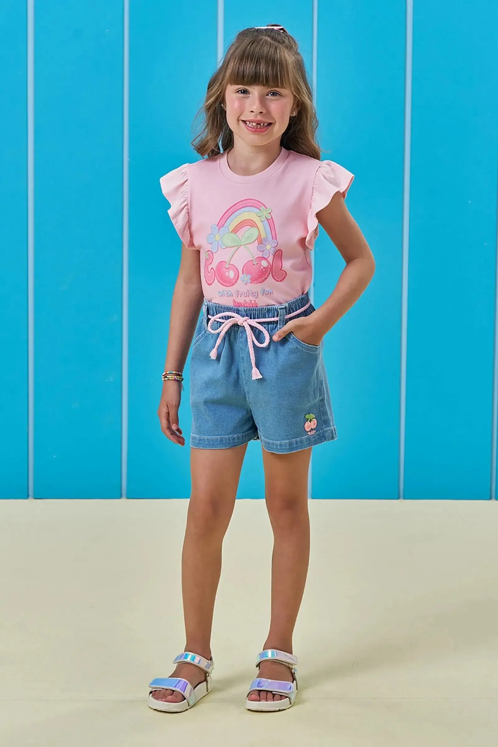 Conjunto de Blusa em Meia Malha e Shorts em Jeans com Elastano 95093 Kukiê Infantil Menina
