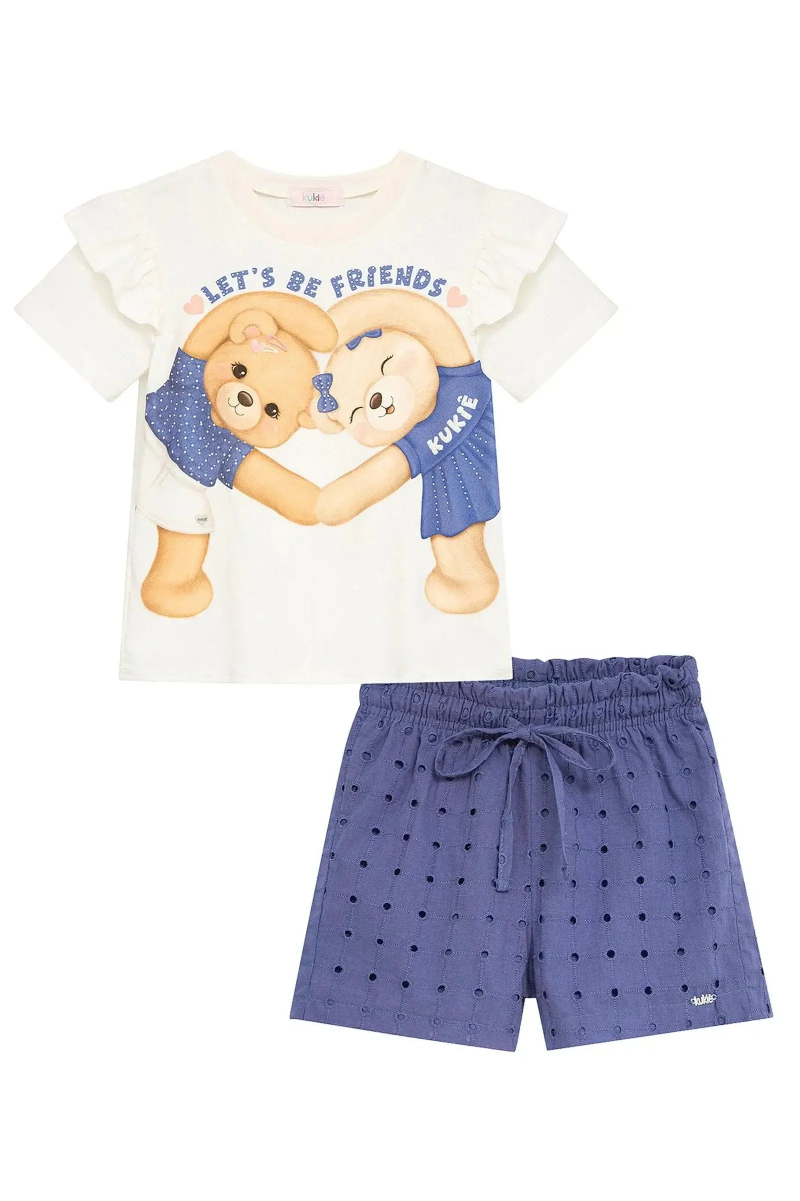Conjunto de Blusa em Meia Malha e Shorts em Laise Bordada 93671 Kukiê Infantil Menina
